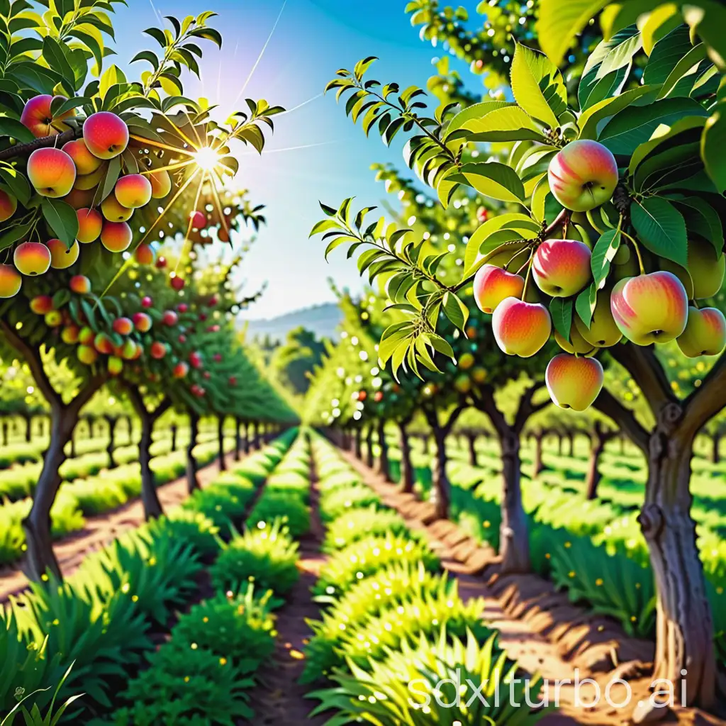 A lush orchard where ripe fruits glisten in the warm sun.