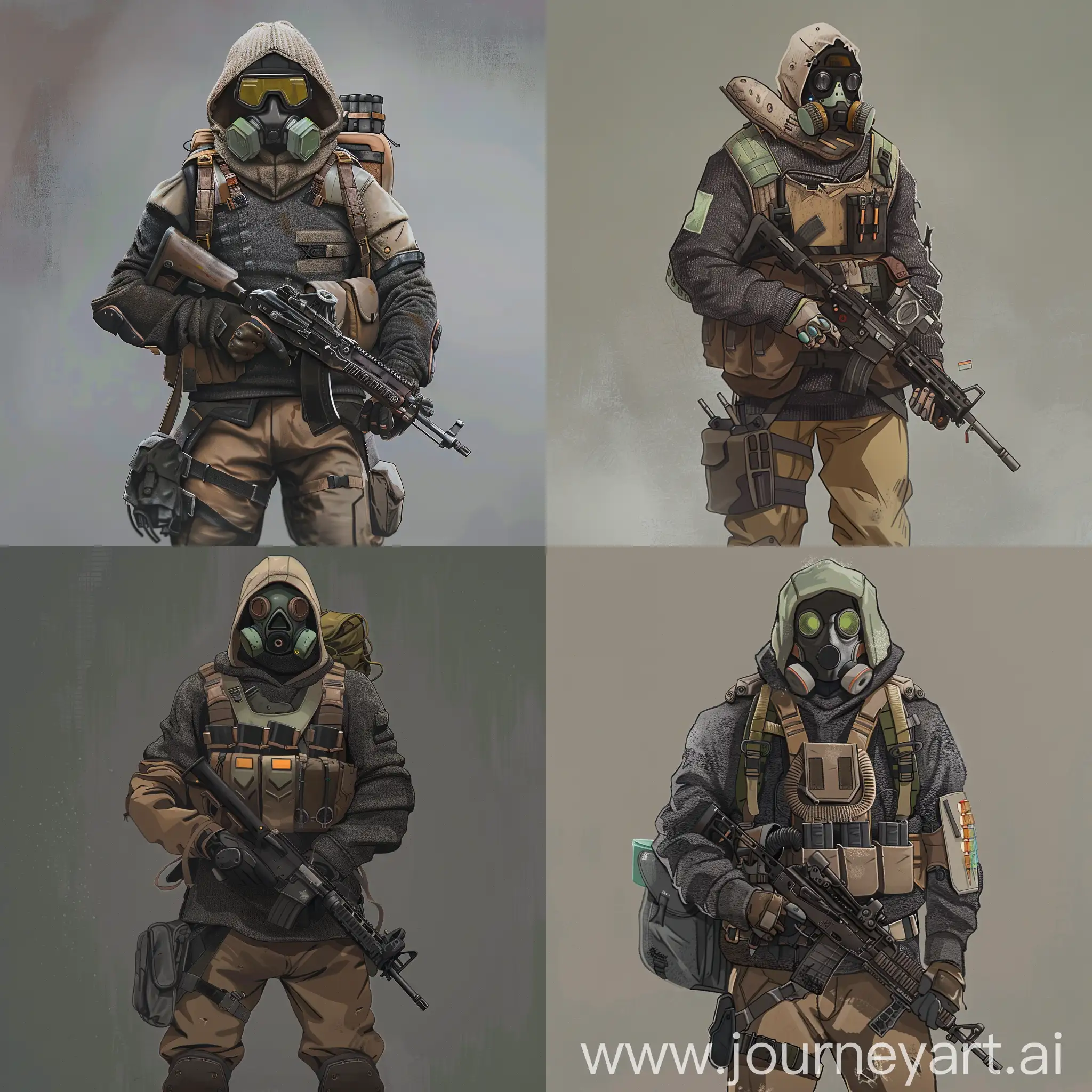 Digital art, character design concept art, stalker is wearing a dark gray dirty sweater, military unloading is worn over the sweater, over the sweater is a dirty brown jacket with military unloading and armor, a gasmask on his face, he has a rifle in his hands, a small gray backpack on his back.