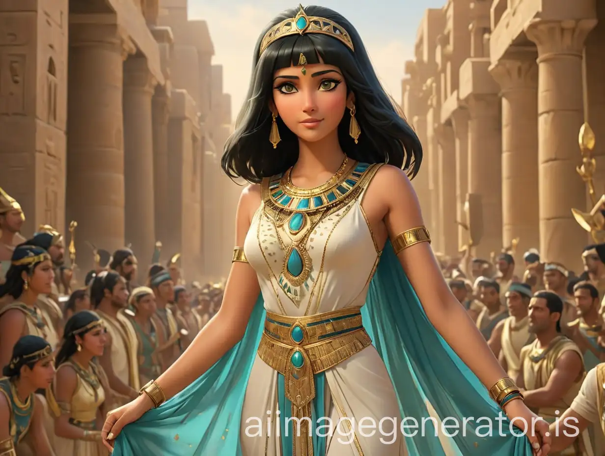 This image depicts a fantastic scene taking place in Egypt. In the center is Cleopatra, she has black hair and wears an elegant golden tiara that envelops her entire hair, adorned with turquoise stones. Her outfit is a traditional Egyptian women's outfit - kalaziris (straight narrow dress above or below the chest and to the ankles, with straps), she has large breasts and a narrow waist.