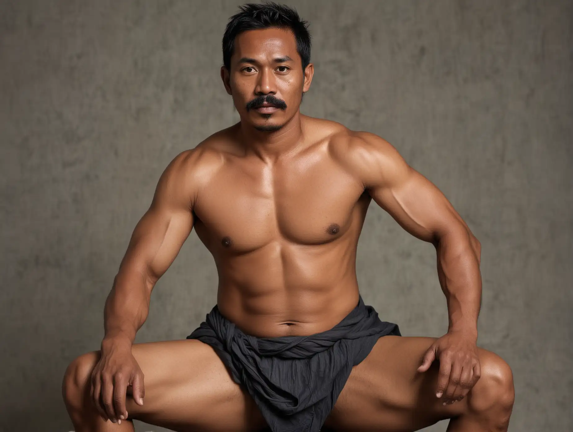 40 year old Indonesian man, muscular body, thick mustache and dark skin, sitting cross-legged, bare chested, wearing a long cloth
