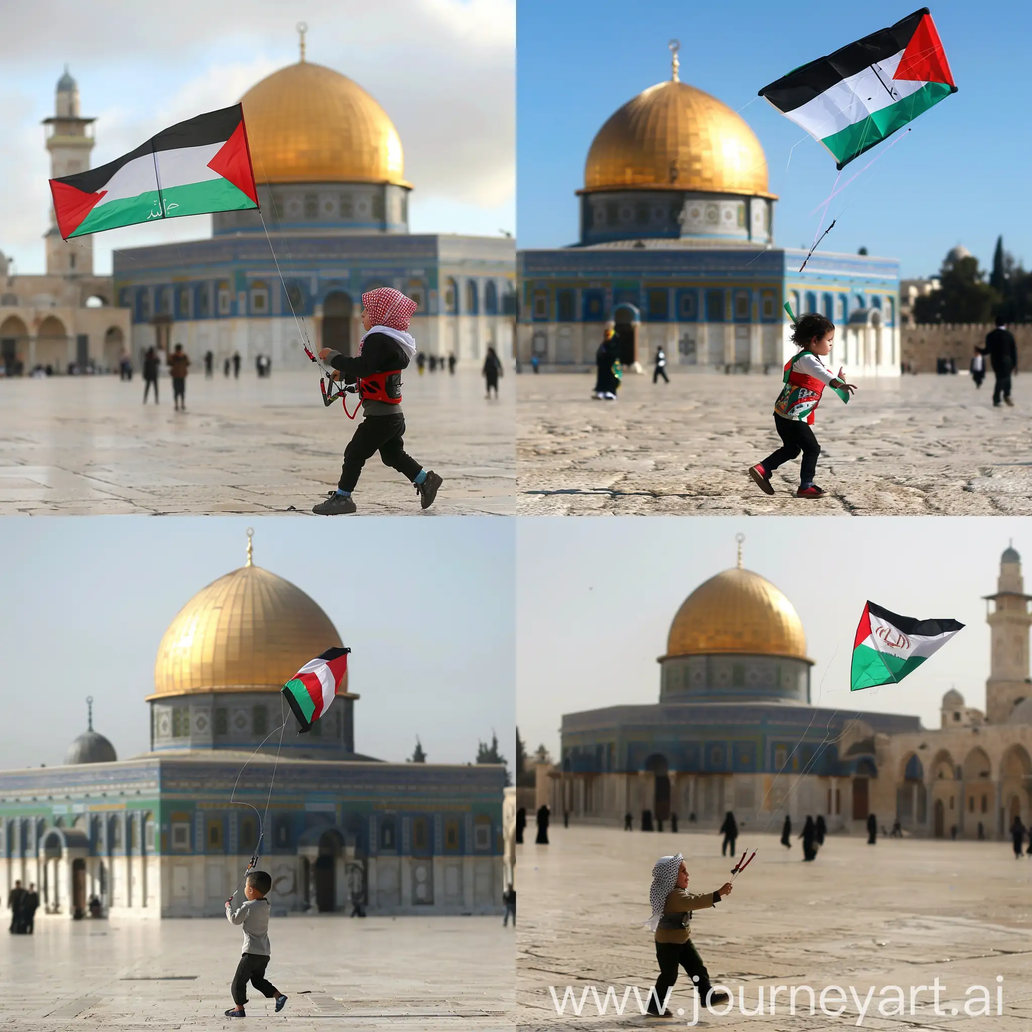 A child flies a kite with the Palestinian flag in front of Al-Aqsa Mosque