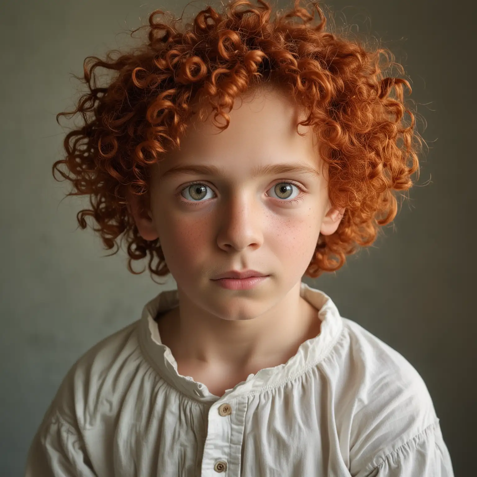 Portrait of a renaissance boy 
T shirt and red curly  hair
Blauwe ogen 
age 10 looking straight into camera
Very light skin