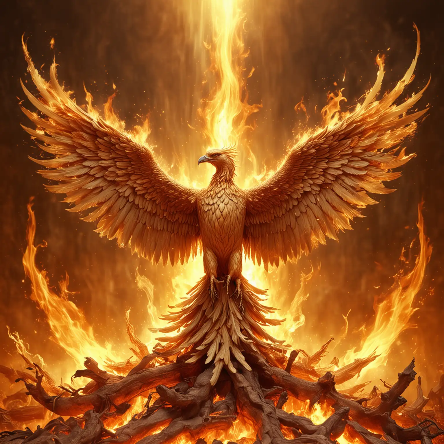 High resolution, imagine a phoenix nirvana, born again in the flames, background is golden, phoenix close-up view, can be more three-dimensional