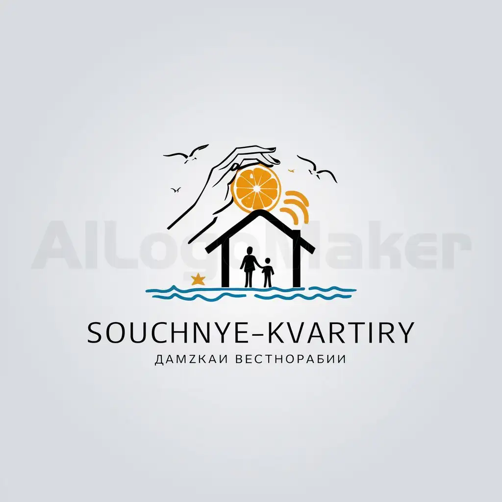 a logo design,with the text "souchnye_kvartiry", main symbol:female hand holds sun like an orange and squeezes juice, from juice forms roof of house by the sea, seagulls fly. Under the roof stands family couple with child. ,Minimalistic,be used in Real Estate industry,clear background