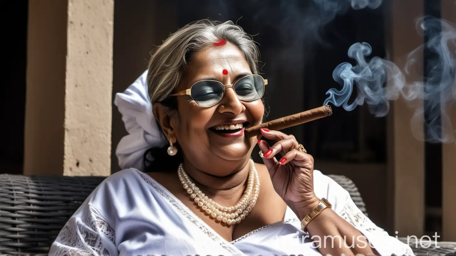 a indian mature  fat woman having age 49 years old attractive looks with make up on face ,binding her high volume hairs holding a burning cigar  in her hand , smoke is coming out from cigar  . she is happy and smiling. she is wearing pearl neck lace in her neck , earrings in ears, a power spectacles on her eyes and wearing a  white velvet towel on her body. she is sitting on a luxurious  sofa  with many cats in a courtyard of luxurious farm house and its morning time. 