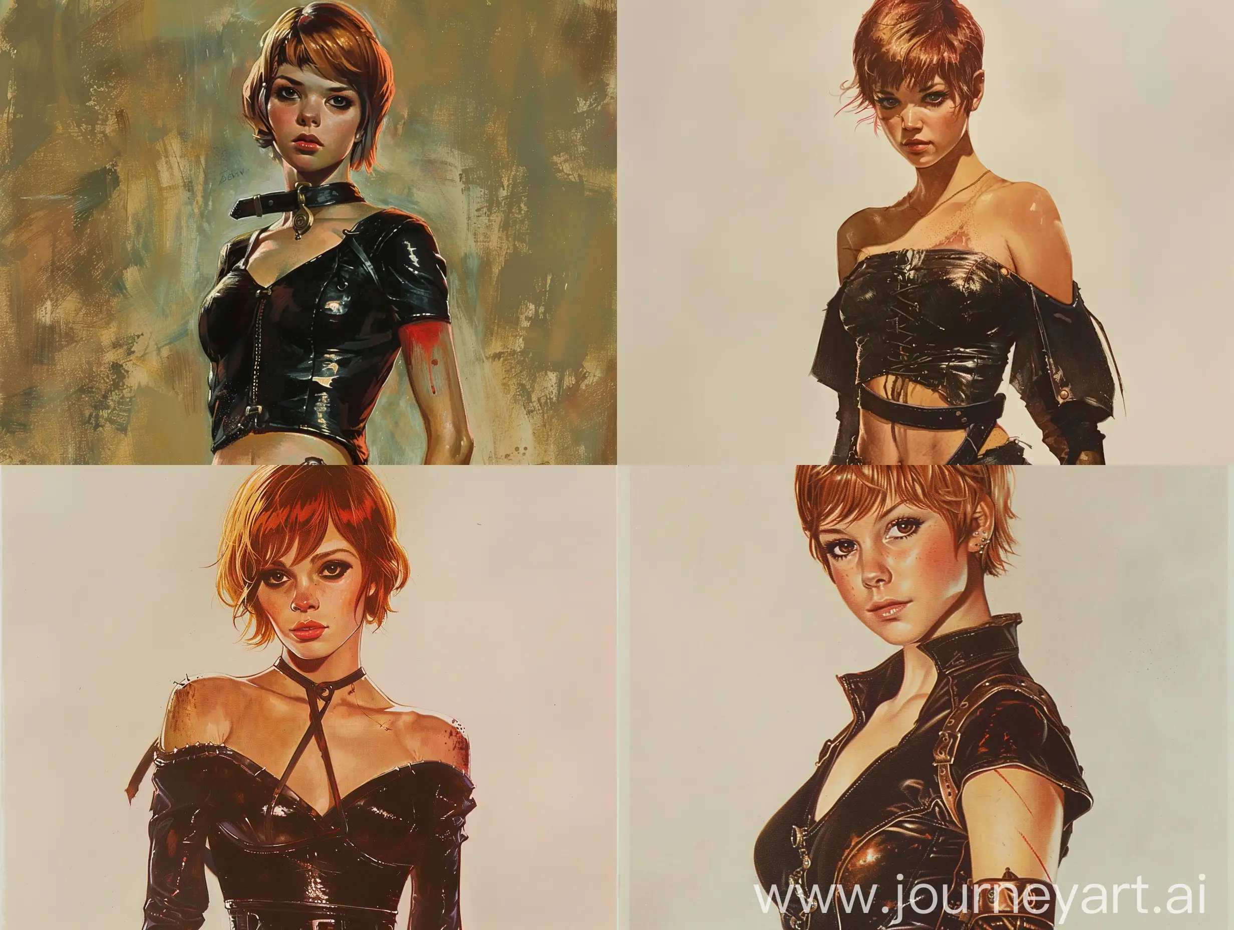 1970's art illustration from dark fantasy books (style). Art illustration of a young woman, wearing tight medieval dark leather clothing. Her hair is relatively short, blonde with red highlights. 