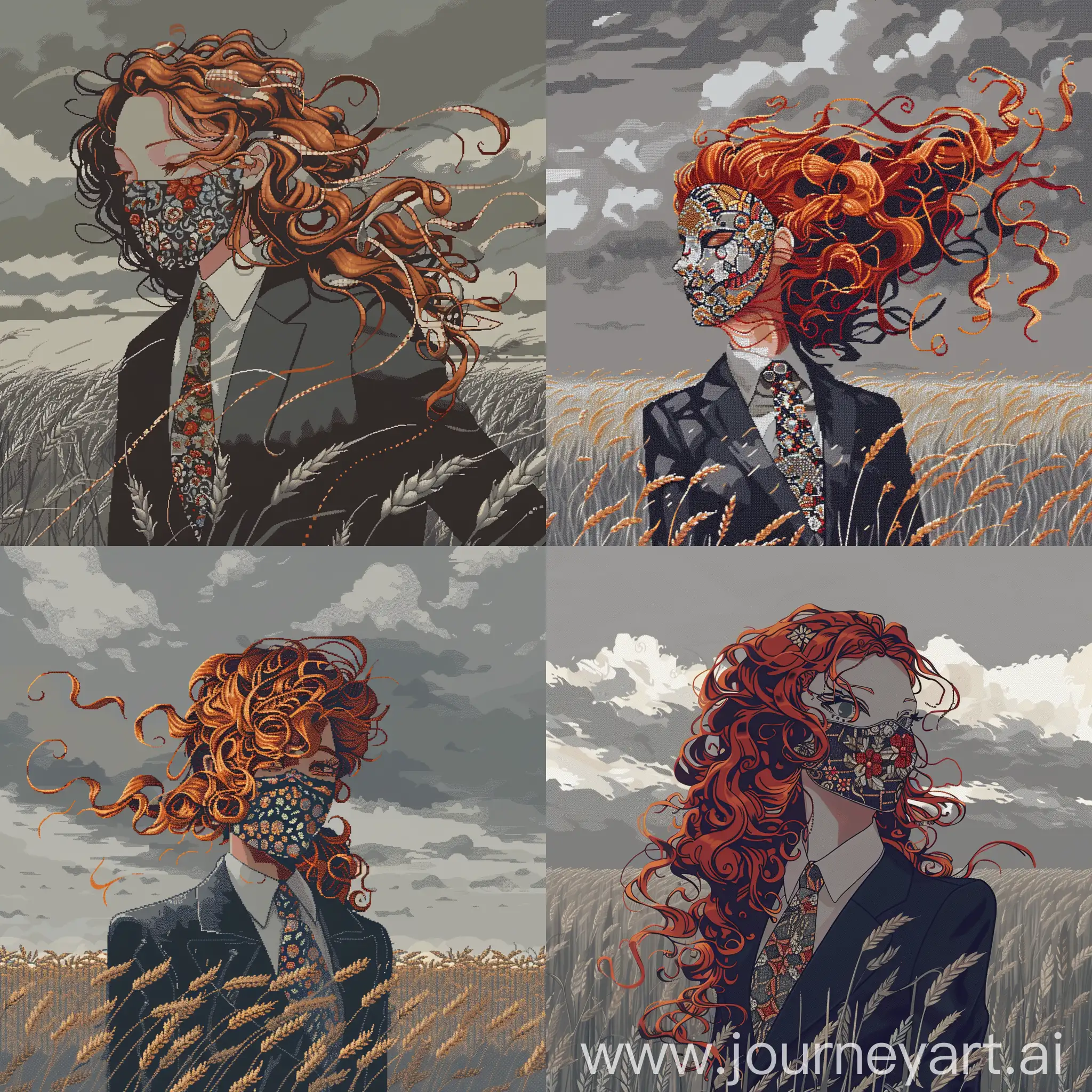 Elegant-RedHaired-Girl-in-Flower-Patterned-Mask-Standing-in-Wheat-Field