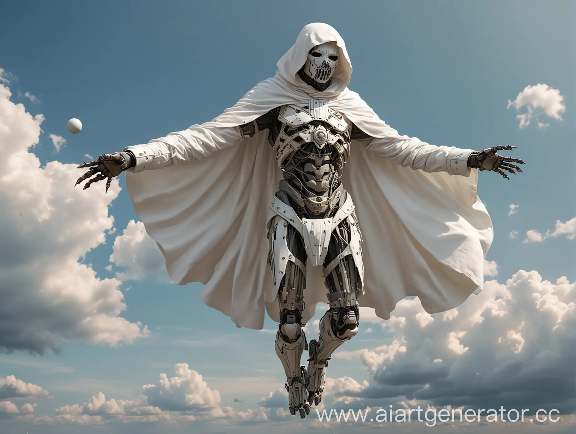 human, fullbody , with white hooded cloak, steel faseless mask, exoskeleton si-fi, background one big sphere on the sky, the arms are spread out in different directions