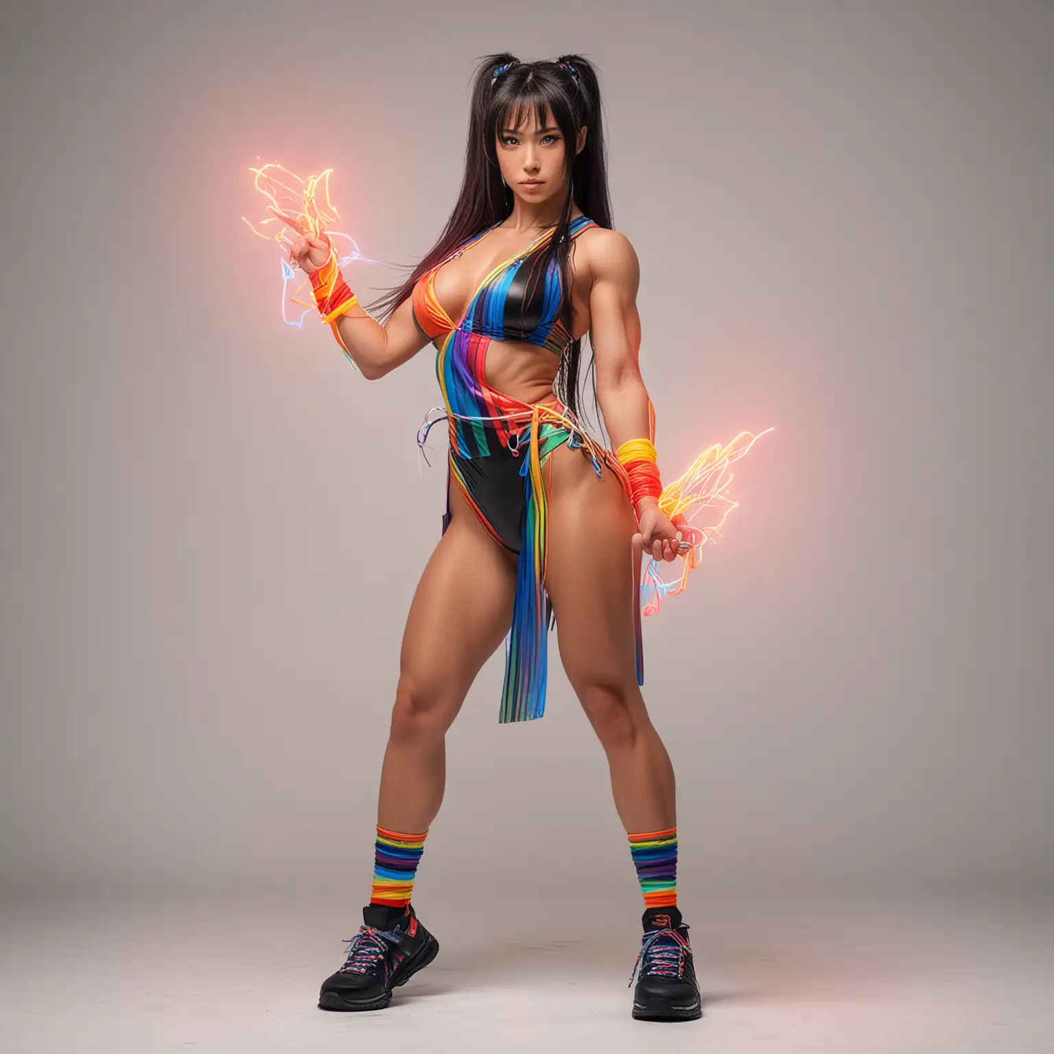 Confident Female Japanese Bodybuilder in Neon Sneakers and Rainbow Robe