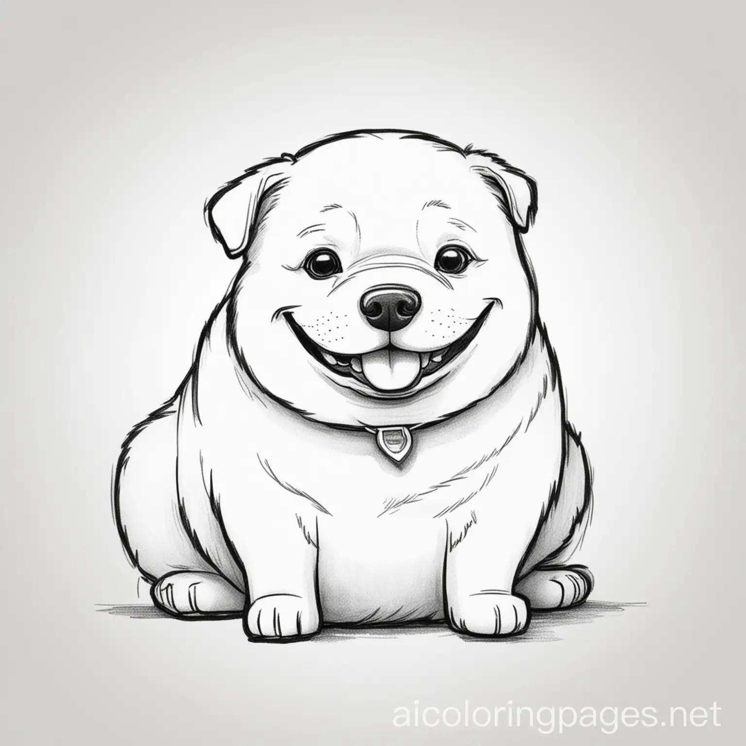 happy fat dog, Coloring Page, black and white, line art, white background, Simplicity, Ample White Space. The background of the coloring page is plain white to make it easy for young children to color within the lines. The outlines of all the subjects are easy to distinguish, making it simple for kids to color without too much difficulty
