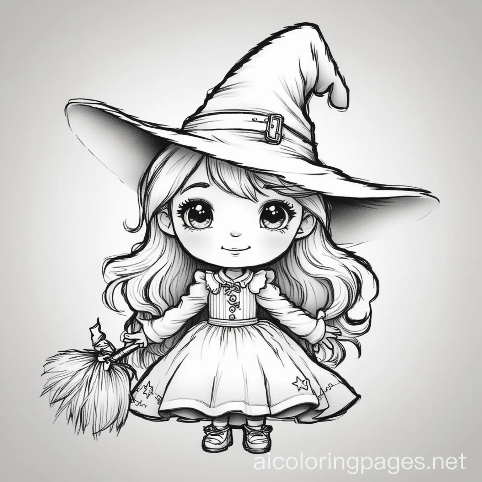A cute little witch, Coloring Page, black and white, line art, white background, Simplicity, Ample White Space. The background of the coloring page is plain white to make it easy for young children to color within the lines. The outlines of all the subjects are easy to distinguish, making it simple for kids to color without too much difficulty