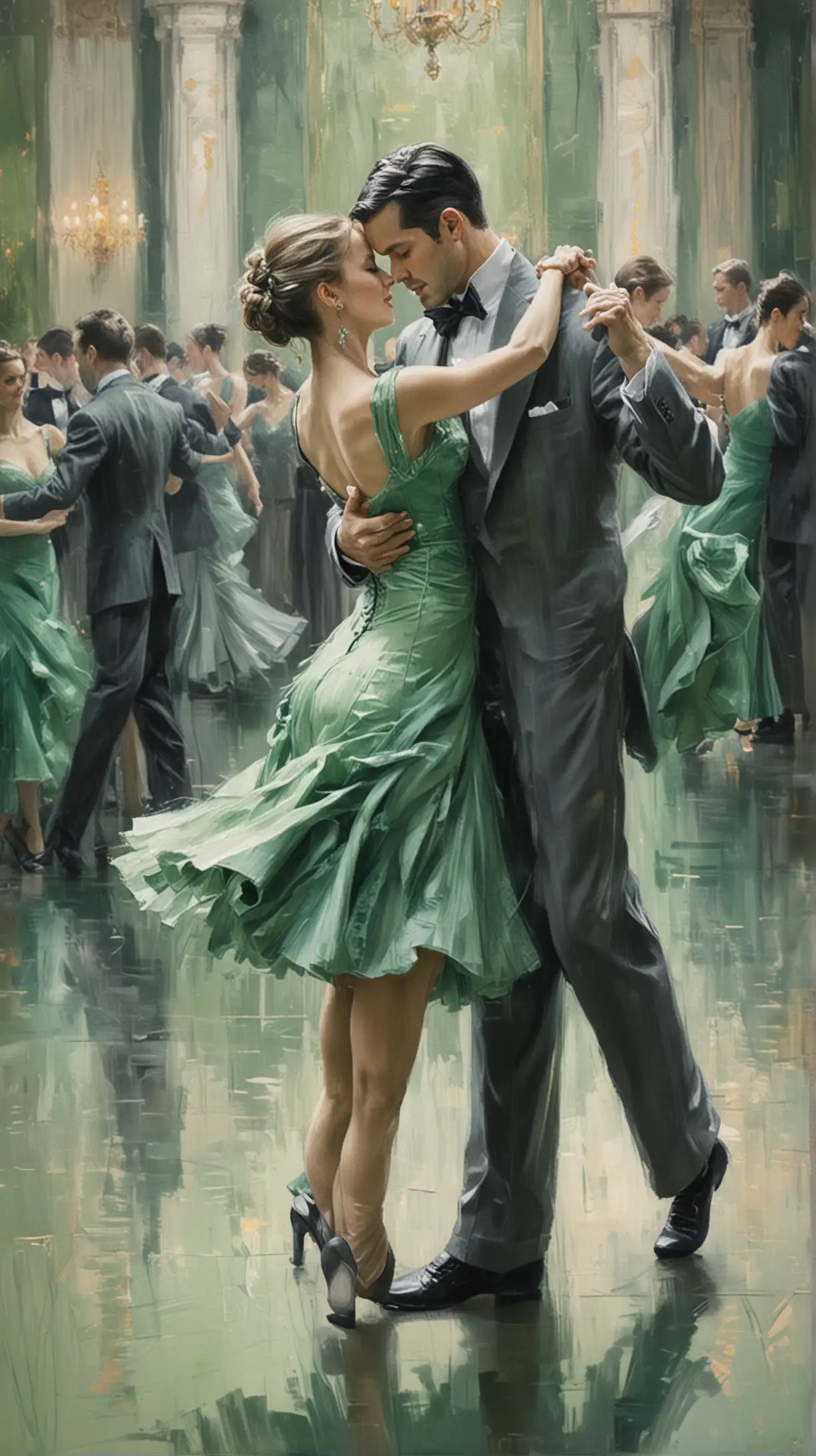 green and grey impressionist painting of ballroom dancing
