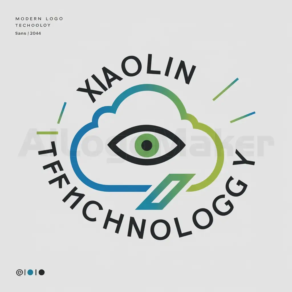a logo design,with the text "Xiaolin Technology", main symbol:Color selection: nnUse blue tone, represents technology and trust. You can add green tone, indicates safe and stable. nnGraphic elements: nnCloud shape: Represents cloud computing. nEye icon: Represents monitoring and vigilance. nShield: Represents safety and protection. nnFont selection: nnModern and simple sans-serif font, easy to read, conveys technological feeling. nnLayout: nnThe center of the LOGO can be a simplified cloud shape, with an eye icon embedded in the middle, symbolizing the vigilance of the monitoring system. nThe text of 'Xiaolin Technology' wraps around the graphic element, ensuring the prominence of the brand name. nnBrand delivery: nnThe LOGO should convey innovative, safe and reliable information. nnTechnical application: nnConsidering that the logo will be used in various media, the design should ensure that it remains identifiable at different sizes and backgrounds.,Moderate,clear background