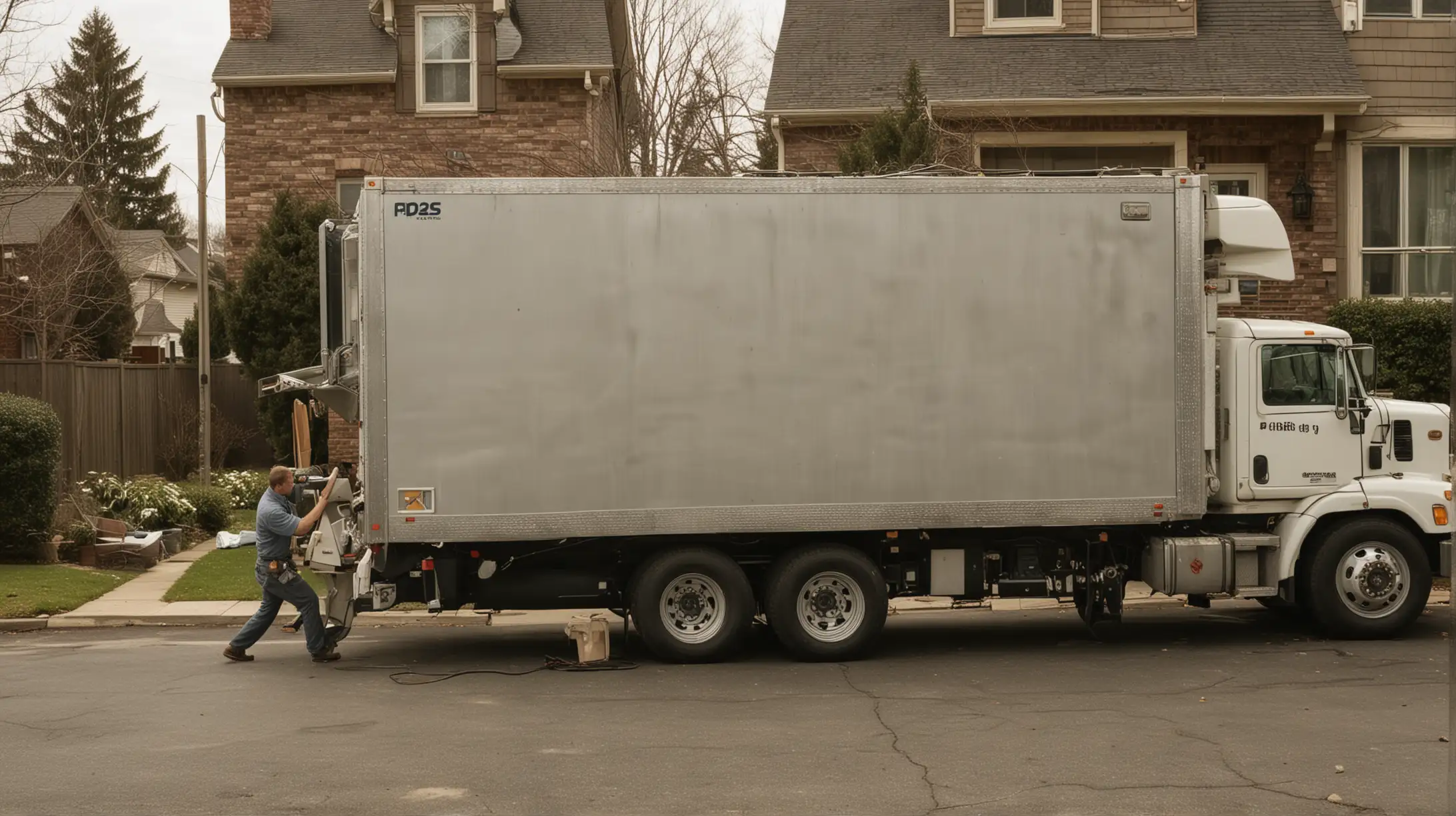 Photograph a scene of a worn-out refrigerator being loaded onto a removal truck. The setting is outside a suburban home with the truck parked in the driveway. Highlight the scale of the appliance in relation to the workers, emphasizing the effort and care taken in its removal. The refrigerator should appear clearly used and dated, symbolizing the need for disposal. Shoot with a 50mm lens, using an aperture of f/5.6 to ensure sharpness in the foreground while softly blurring the home's background. The lighting should be bright and clear, representing a typical workday.