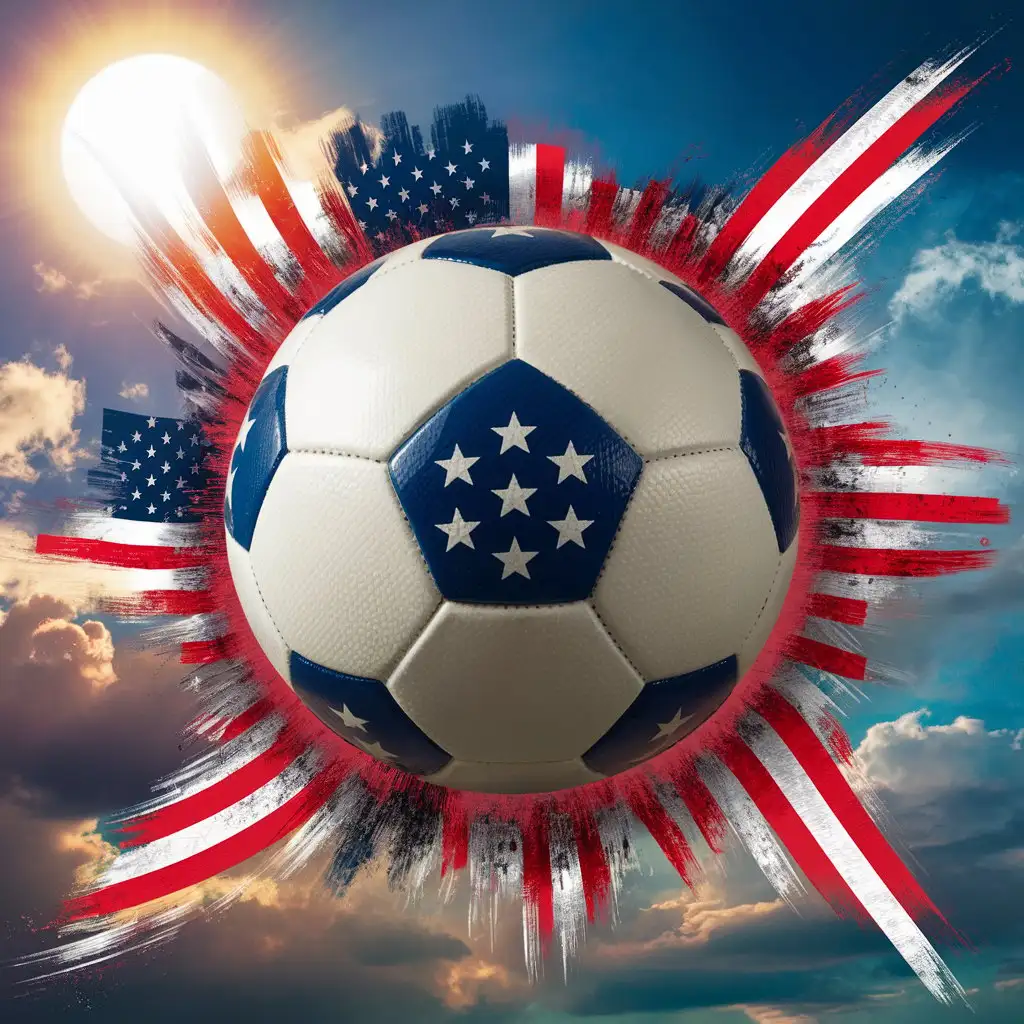 red white and blue stars and stripes "USA", soccer ball in the foreground