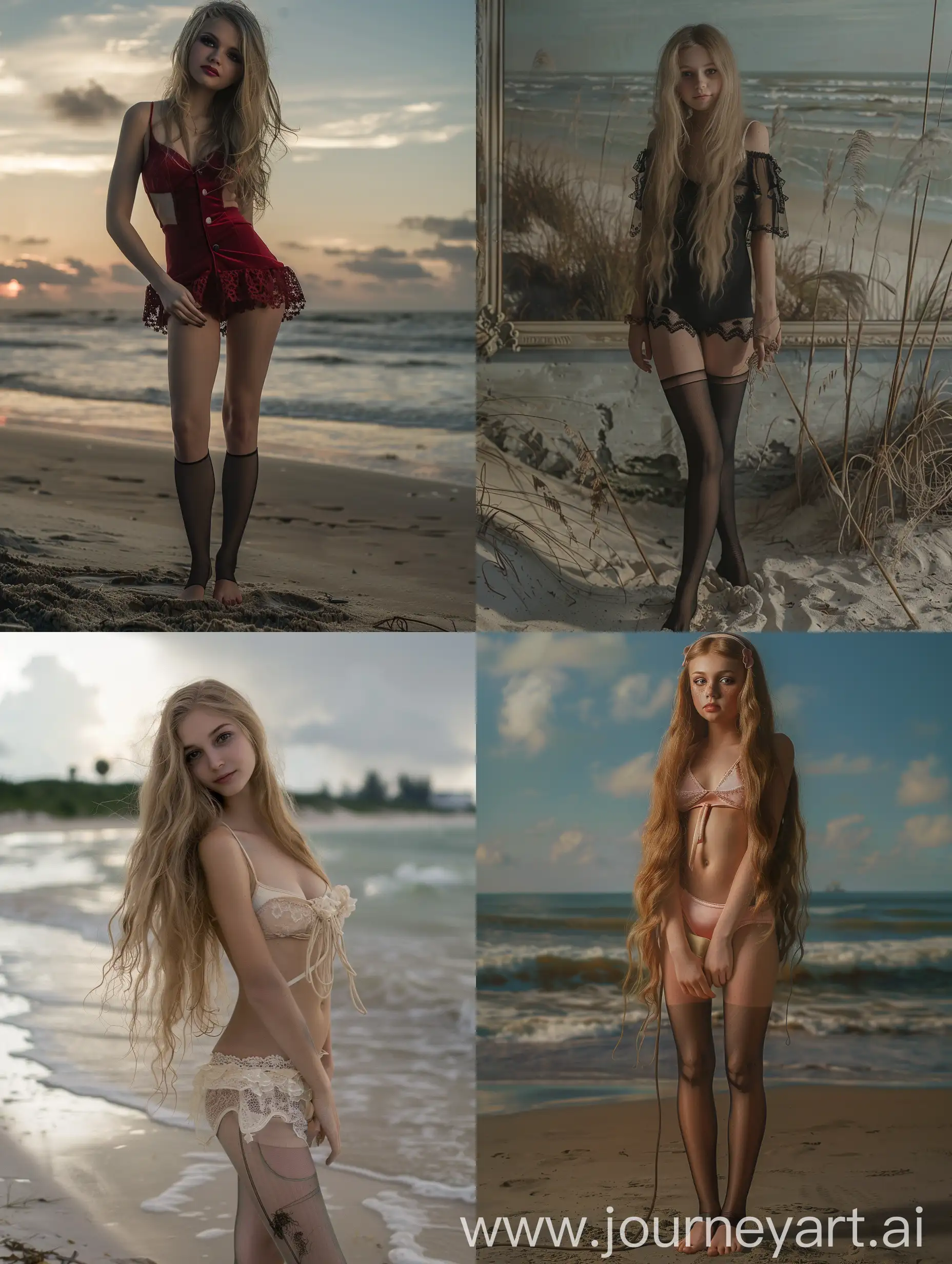 American young women, dark bodily pantyhose legs, emphasis on pantyhose legs beautiful, makeup exquisite beautiful, long blondehead delicate women, naturalistic pose, in beautiful beach, very real, facial expression smile, hyperrealistic, standing