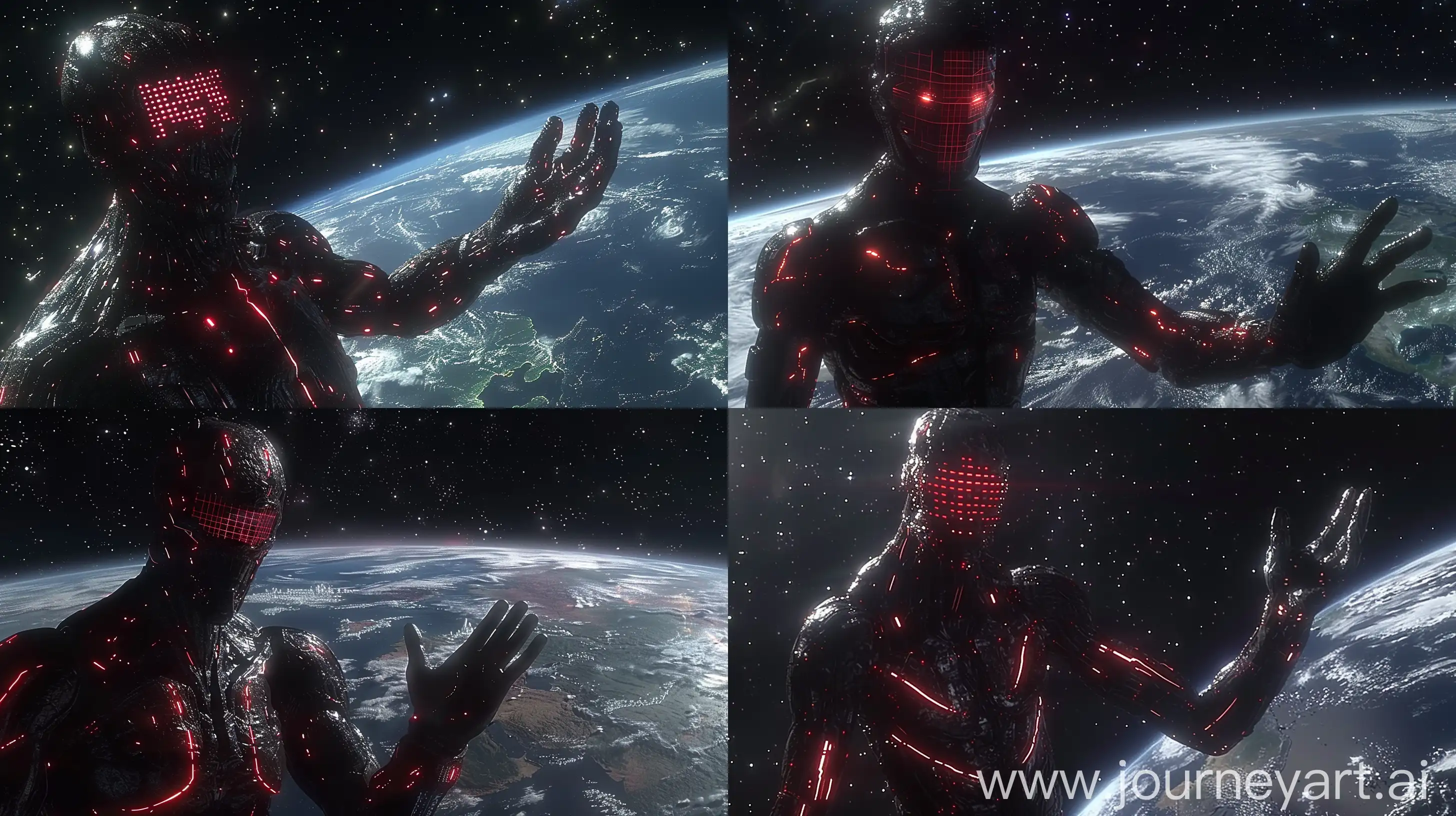  colossal humanoid figure in space overlooking Earth, dark metallic body with red glowing streaks, grid-like red eyes, open palm gesture, vast starry background, no text, ominous atmosphere, Earth in blues and whites, lower-right corner, cosmic guardian, sci-fi theme, high-quality digital art, intricate textures --sref https://i.postimg.cc/28Dj7CTf/In-Shot-20240525-101307597.jpg  --ar 16:9 --stylize 750 --v 6