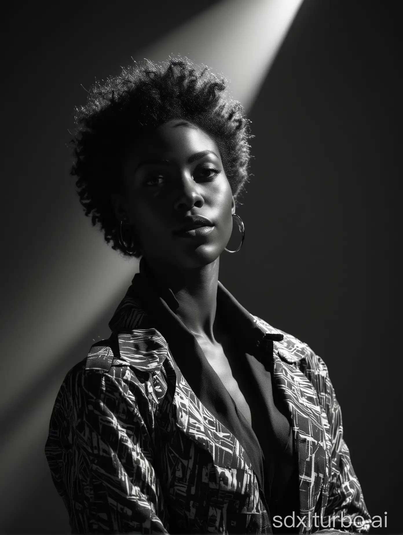 A black and white portrait of a black woman in stylish clothing, emphasized by strong lights and shadows and in a pleasing and attractive pose, with abstract shadows in the background