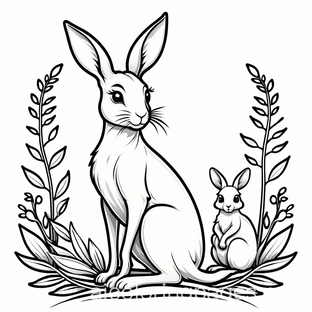 a bunny and a kangaroo, Coloring Page, black and white, line art, white background, Simplicity, Ample White Space