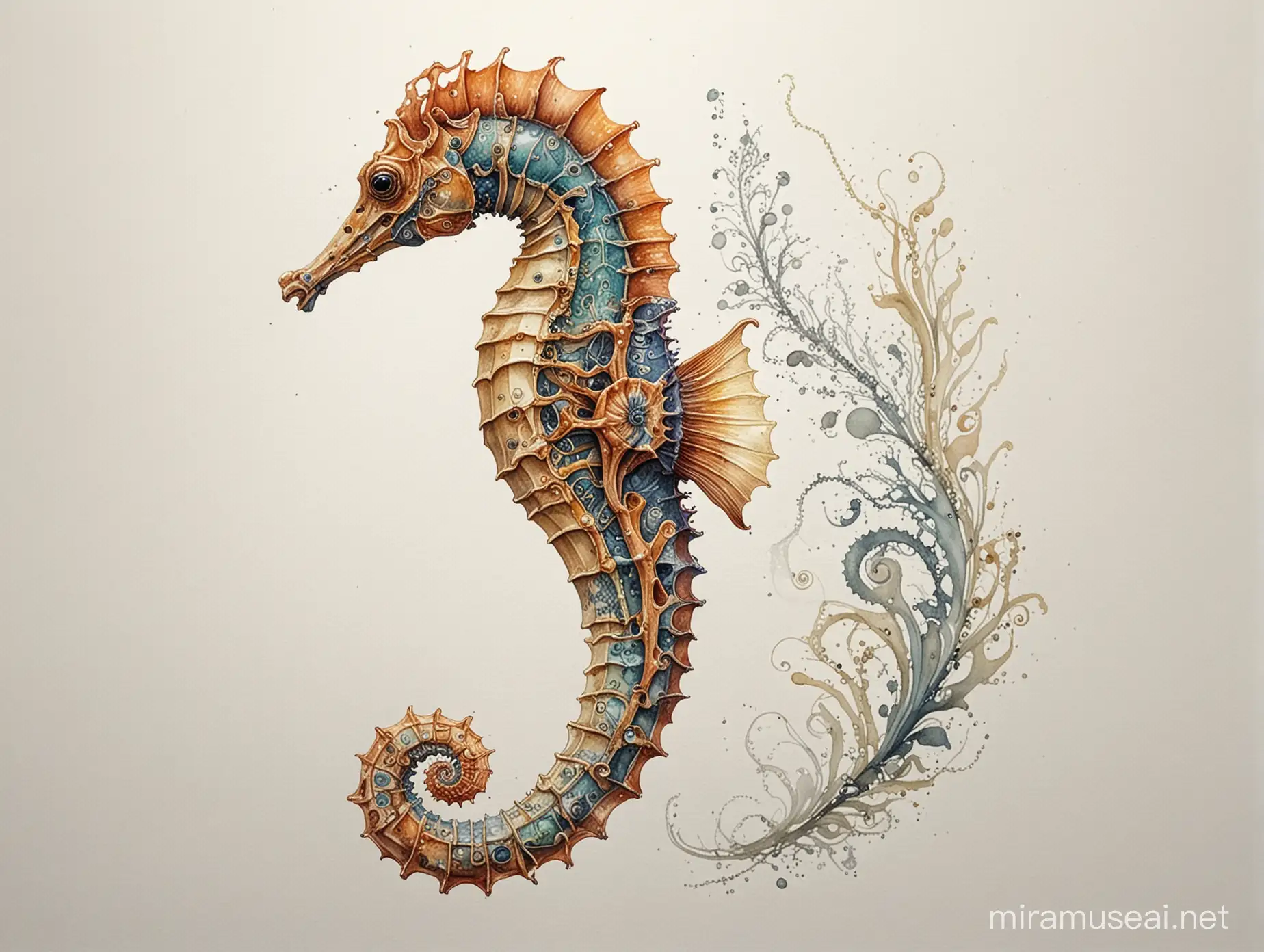 Imagine un dessin technique d'un hippocampe, avec tous les détails anatomiques soigneusement rendus; aquarelle