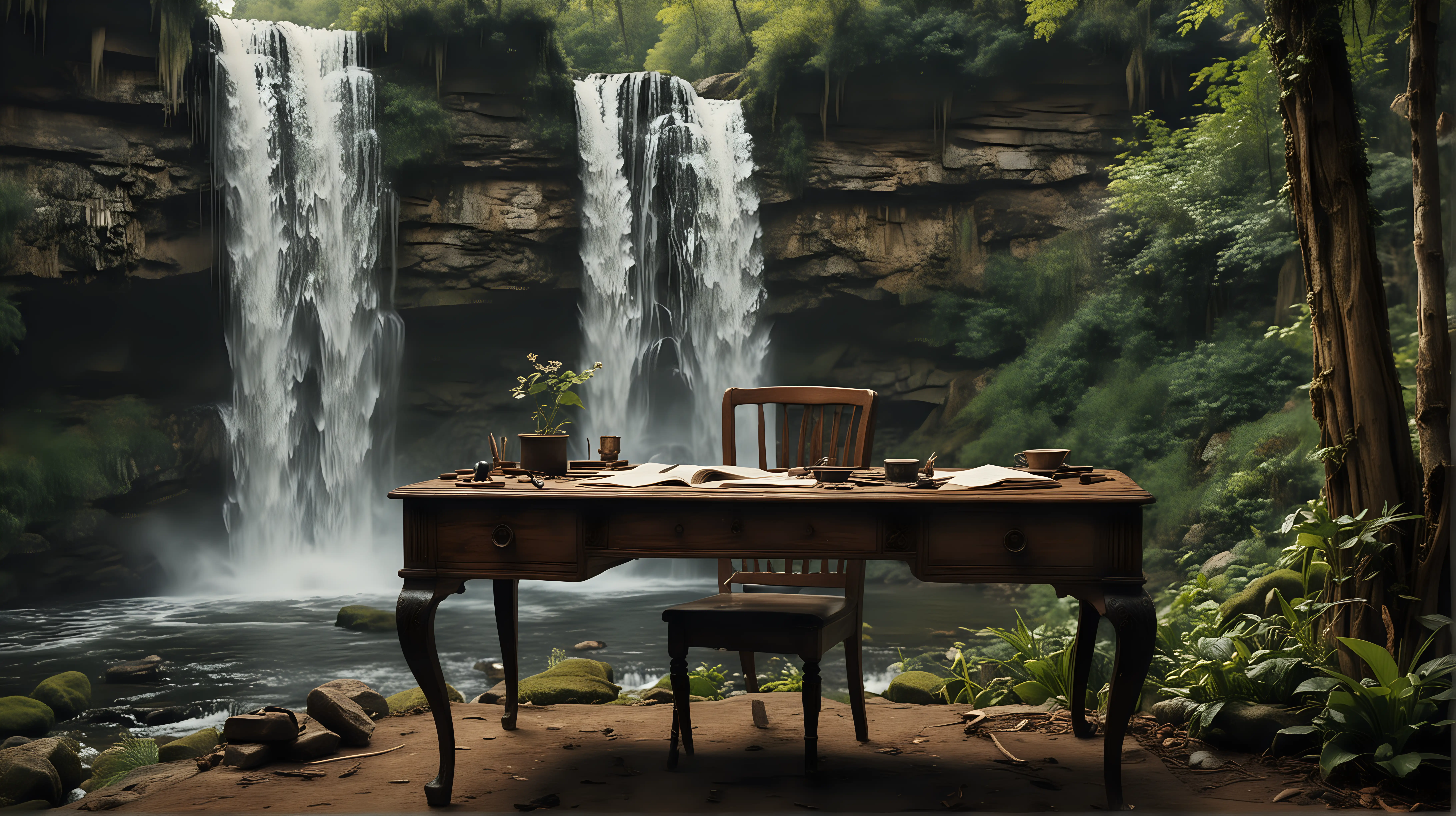 Cinematic Study Scene 1850s Desk by Natures Waterfall