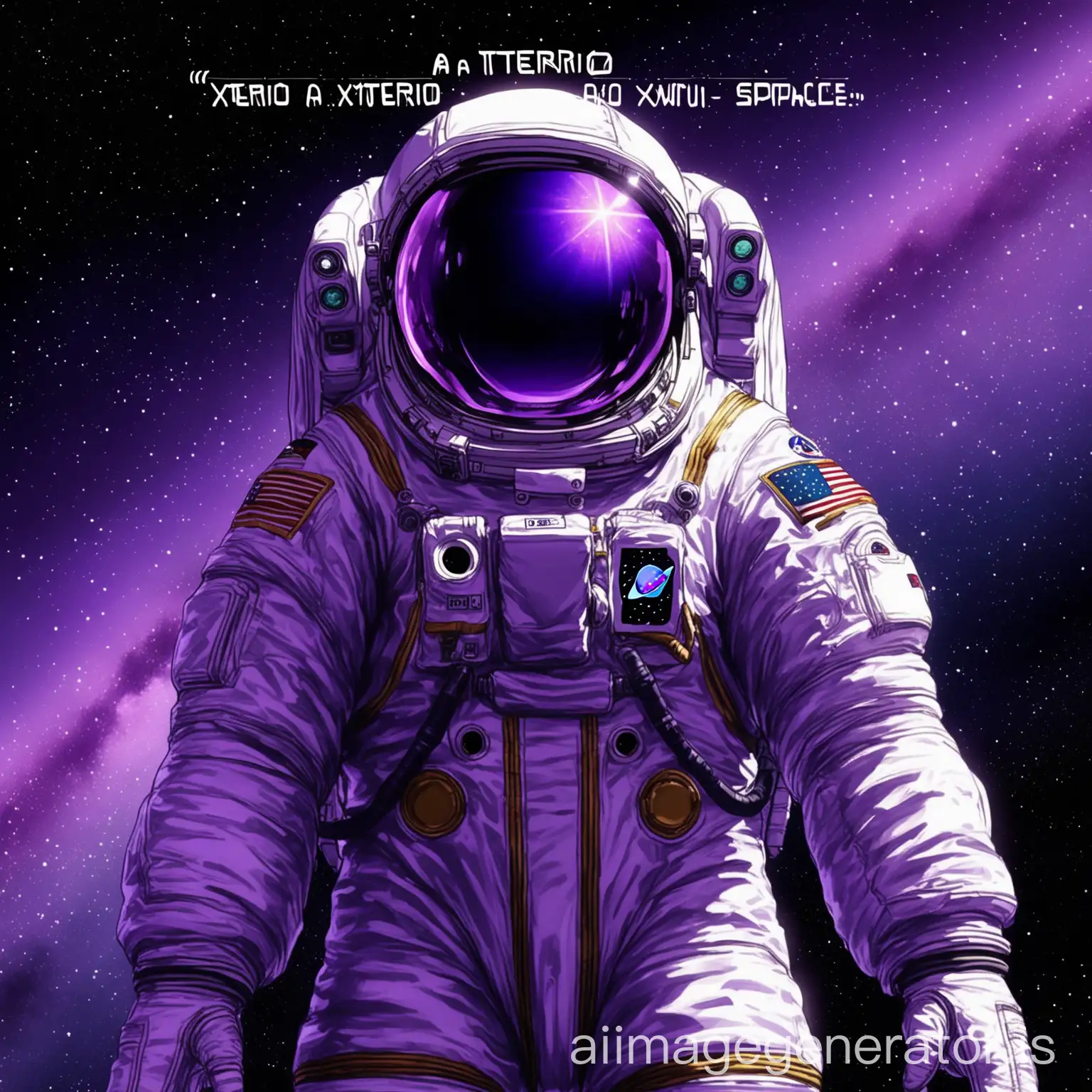 I see a purple space with stars
A "Xterio" text in background
Also men with Spacesuit
Details are very high quality