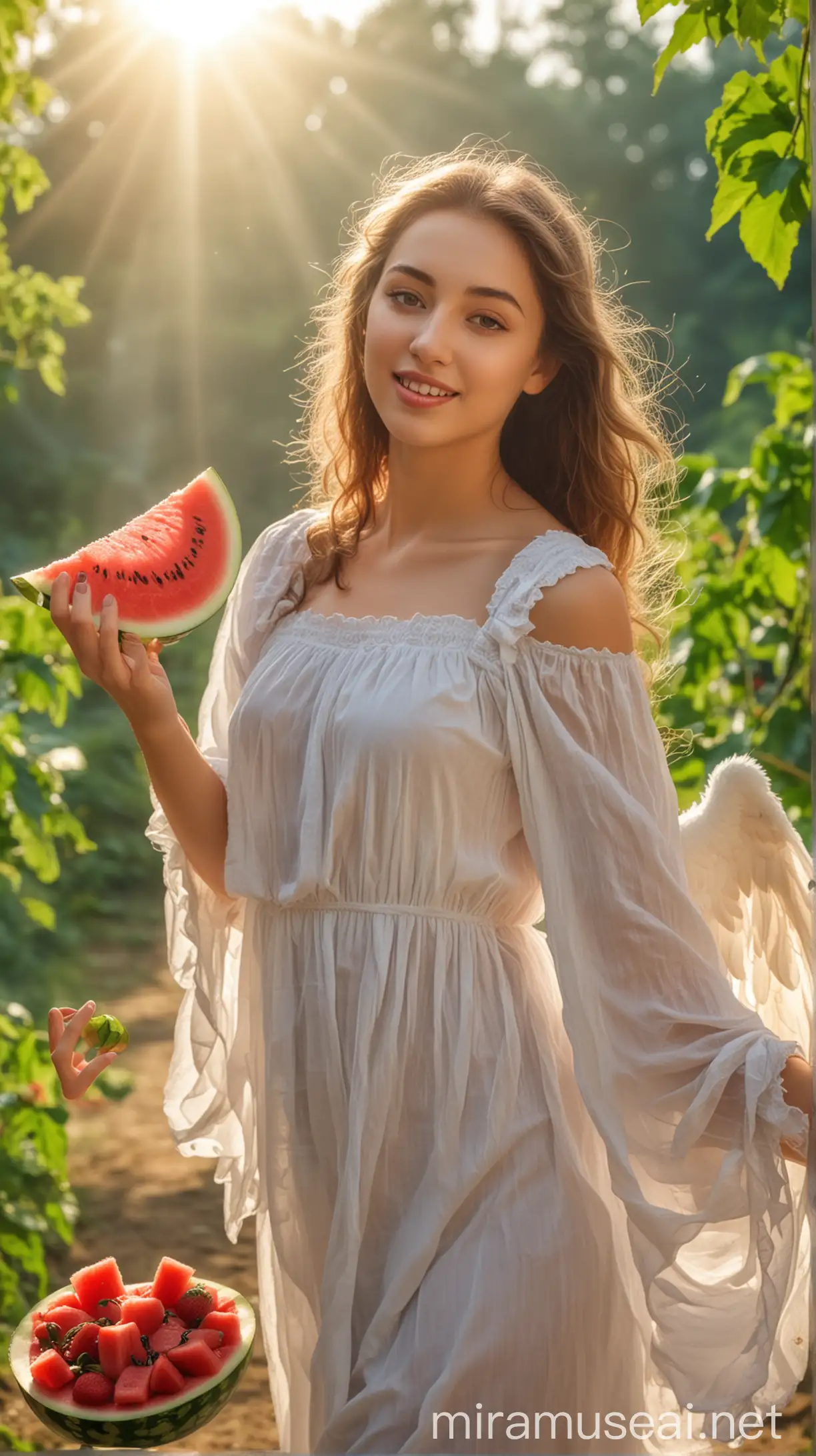 Angel Women Holding Watermelon in Sunlit Natural Setting