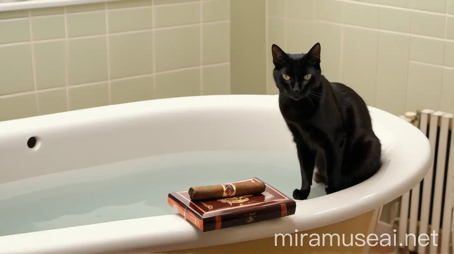 a burning cigar and a black cat on a commode in a bath room