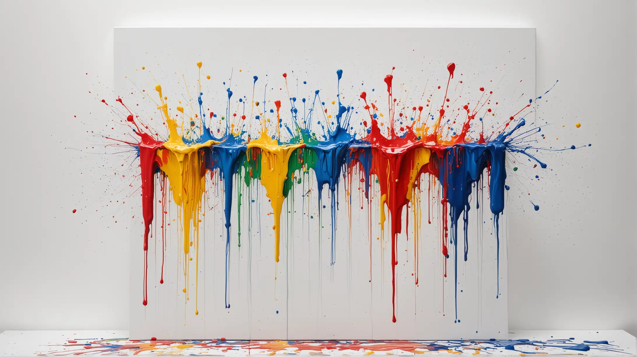 Create an abstract painting of a splash of primary colors on a white back round that has along dripping effect from a platform on the top of the canvas and spilling on the bottom outwards starting from the top to go close to the bottom