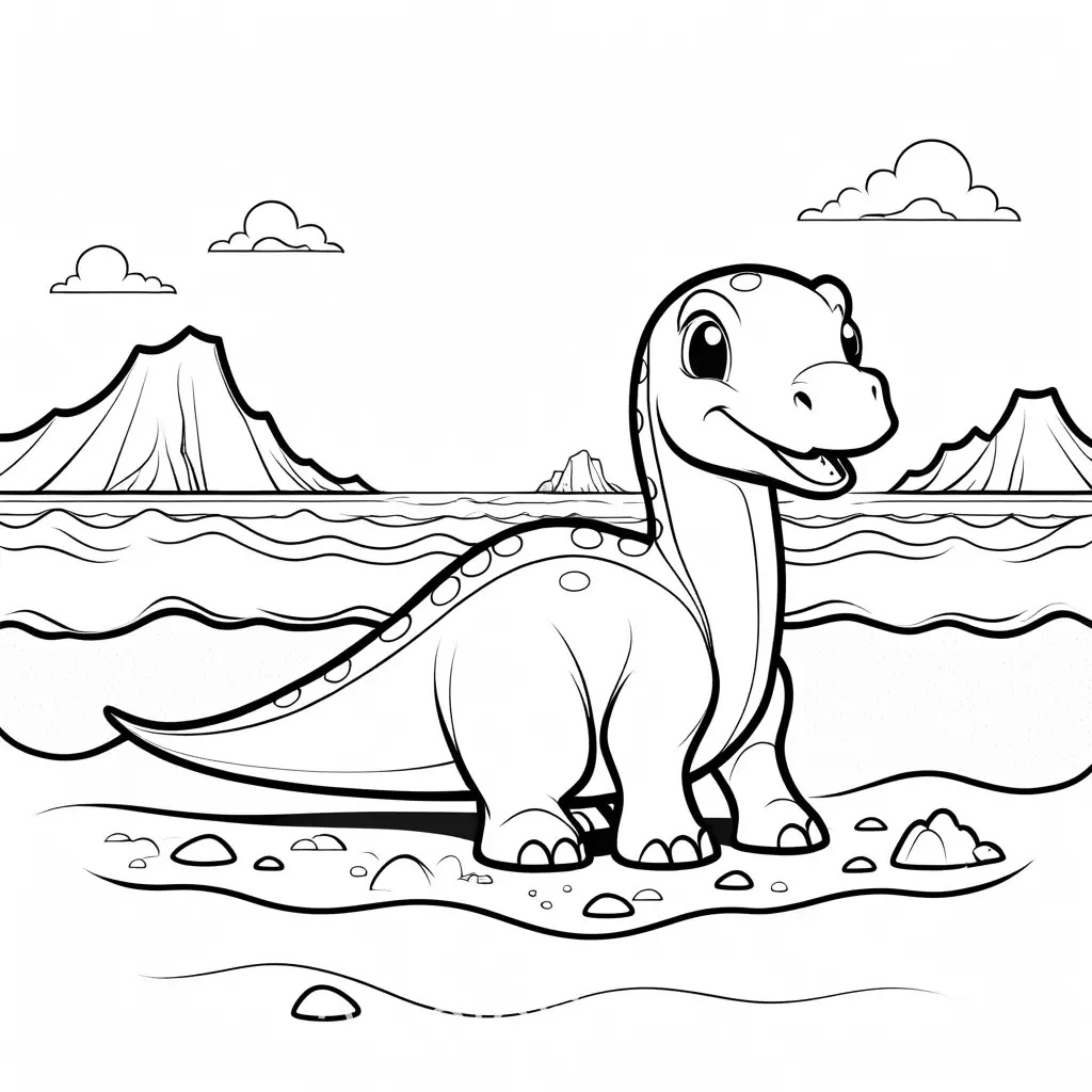 cute chibi-style Edmontosaurus playing at the beach, Coloring Page, black and white, line art, white background, Simplicity, Ample White Space. The background of the coloring page is plain white to make it easy for young children to color within the lines. The outlines of all the subjects are easy to distinguish, making it simple for kids to color without too much difficulty