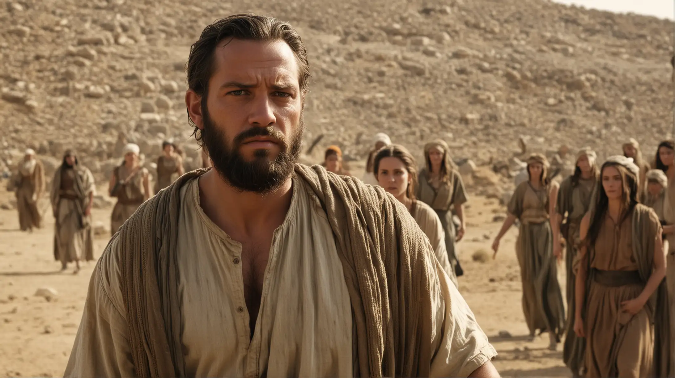 Strong Biblical Leader with Followers in Ancient Setting