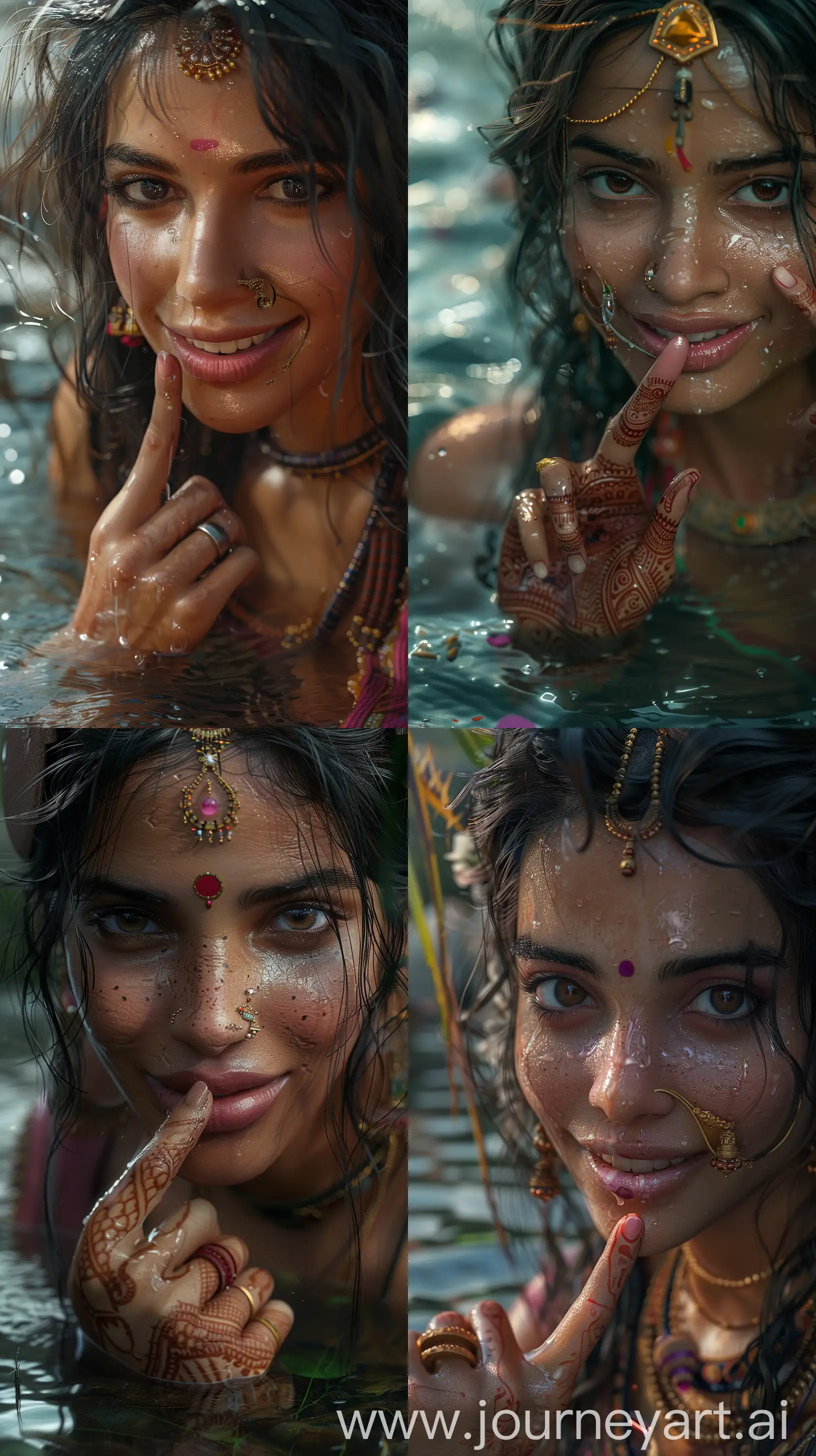 Hyper realistic image of an Indian woman from ancient times, besides a river, smiling very slightly, looking straight to the camera, with her pinky finger on her lips, intricate details, close up image, 8k --s 200 --ar 9:16 --v 6
