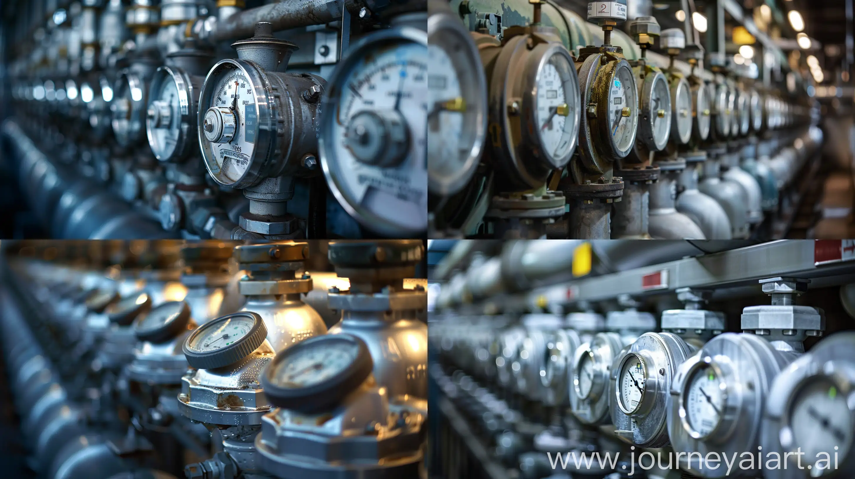 A high-resolution photograph capturing the durability and longevity of water meters. The image depicts a row of water meters installed within an industrial setting, showcasing their robust construction and reliable functionality over time. Each meter is meticulously positioned to emphasize its individuality while collectively illustrating their enduring performance. The composition highlights the precision engineering and resilience of these devices, with intricate details visible upon closer inspection. The lighting accentuates the metallic surfaces, casting dynamic shadows that add depth and dimension to the scene. Despite the passage of time, these water meters stand as symbols of reliability and efficiency in utility management.  --ar 16:9 