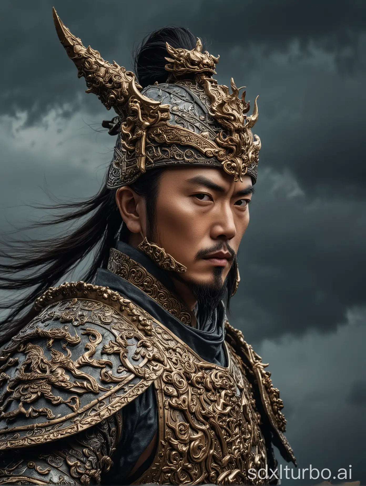 A fierce close-up portrait of Lu Bu in ornate armor, his halberd held vertically, with a dramatic stormy sky background