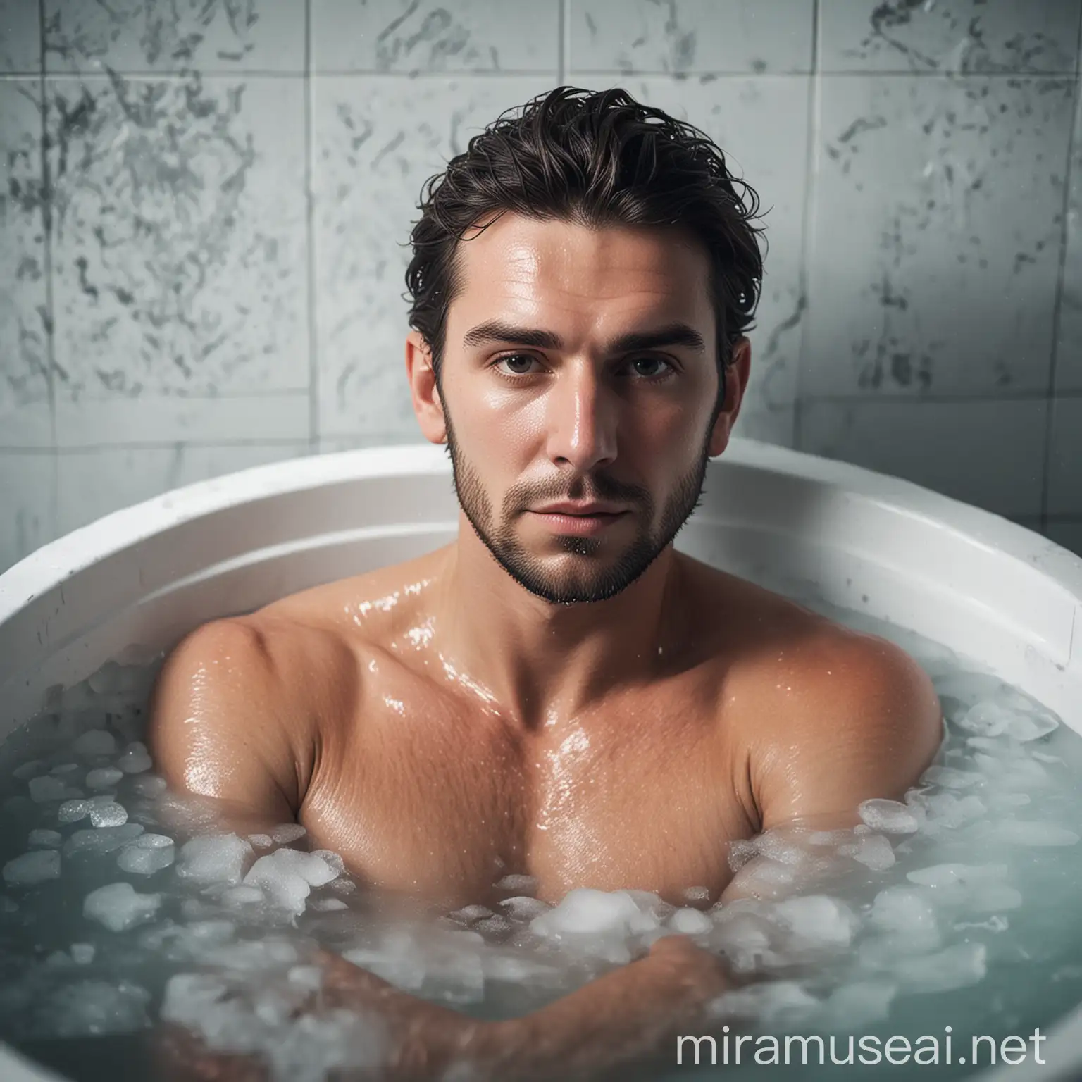Create a realistic image of an ice bath with a man inside with a calm look