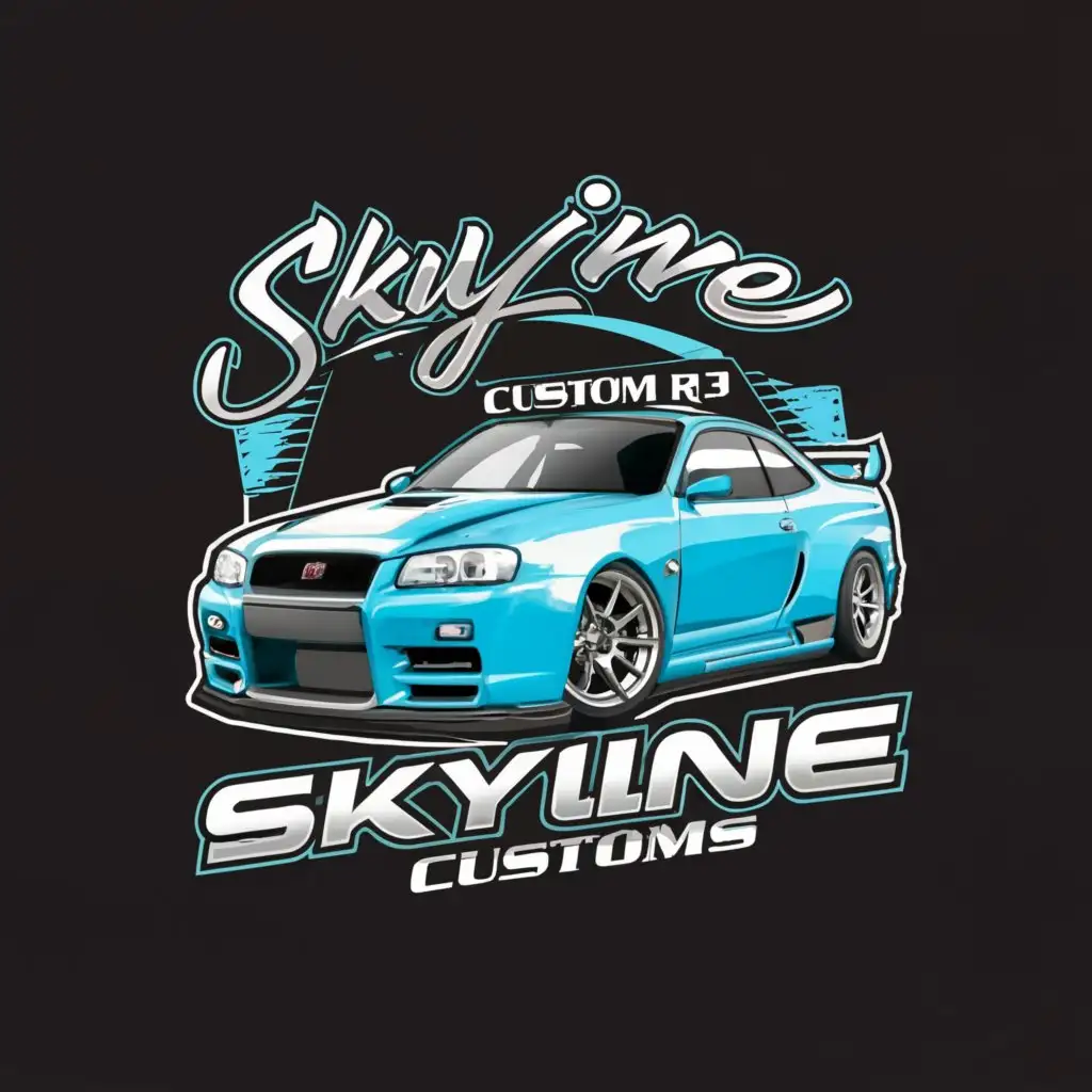 a logo design, with the text "LOGO Design For skyline customs Nissan Skyline R34 Car Inspired Emblem for Automotive Industry", main symbol: Nissan Skyline r34, Moderate, be used in Automotive industry, without background