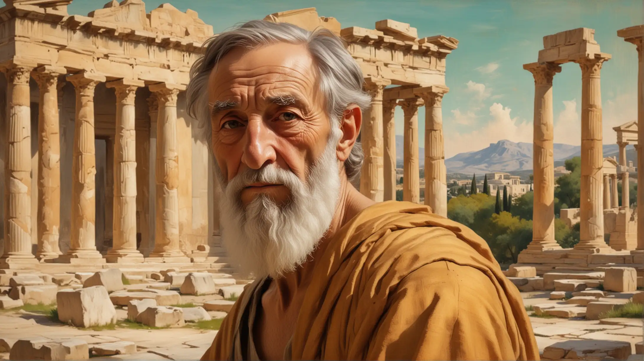 make a beautiful Edgar Degas style painting of one handsome old ancient Greek philosopher, Ancient Greek temples and buildings as background