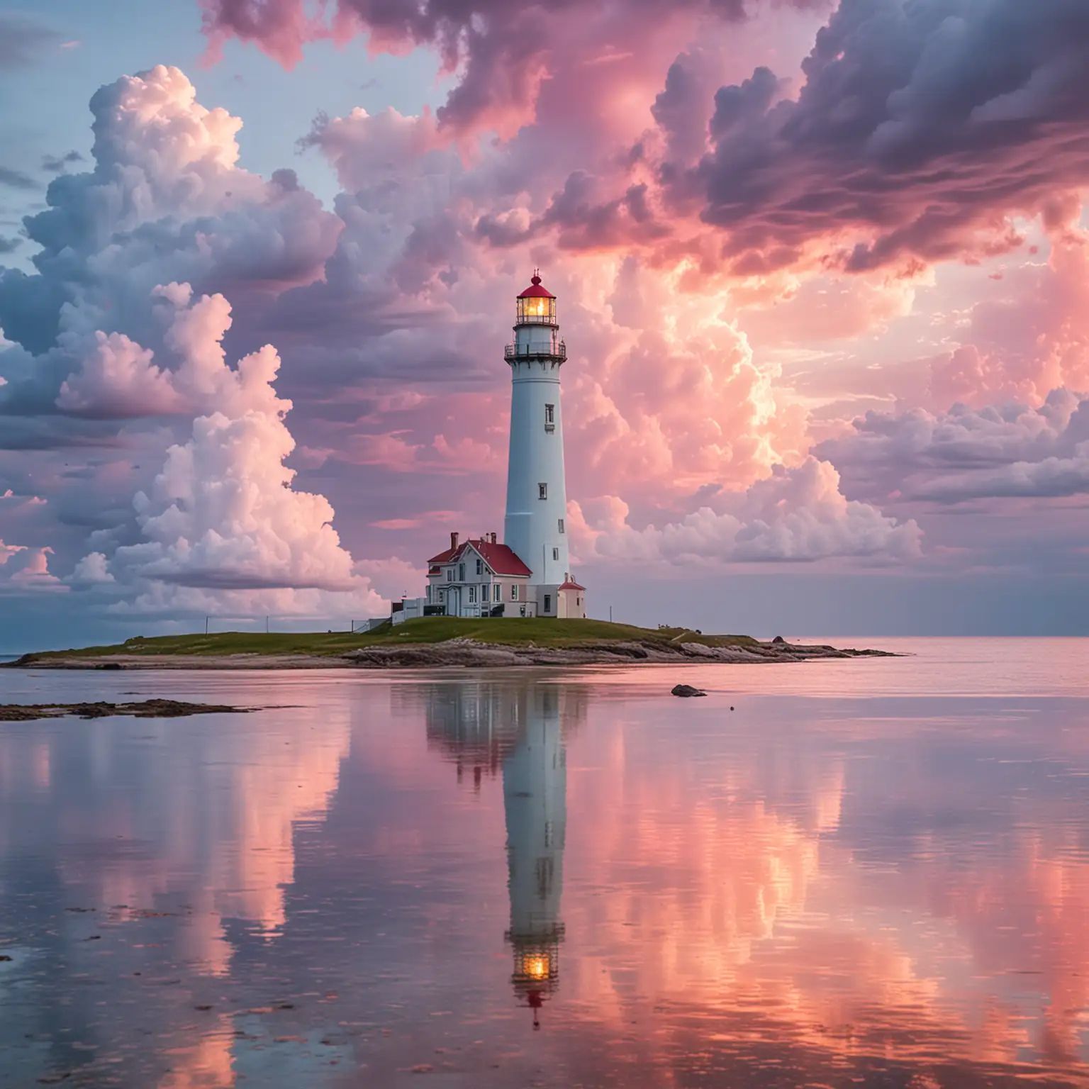 Vibrant pastel colors, large lighthouse in foreground, puffy large colorful clouds reflecting in water,
