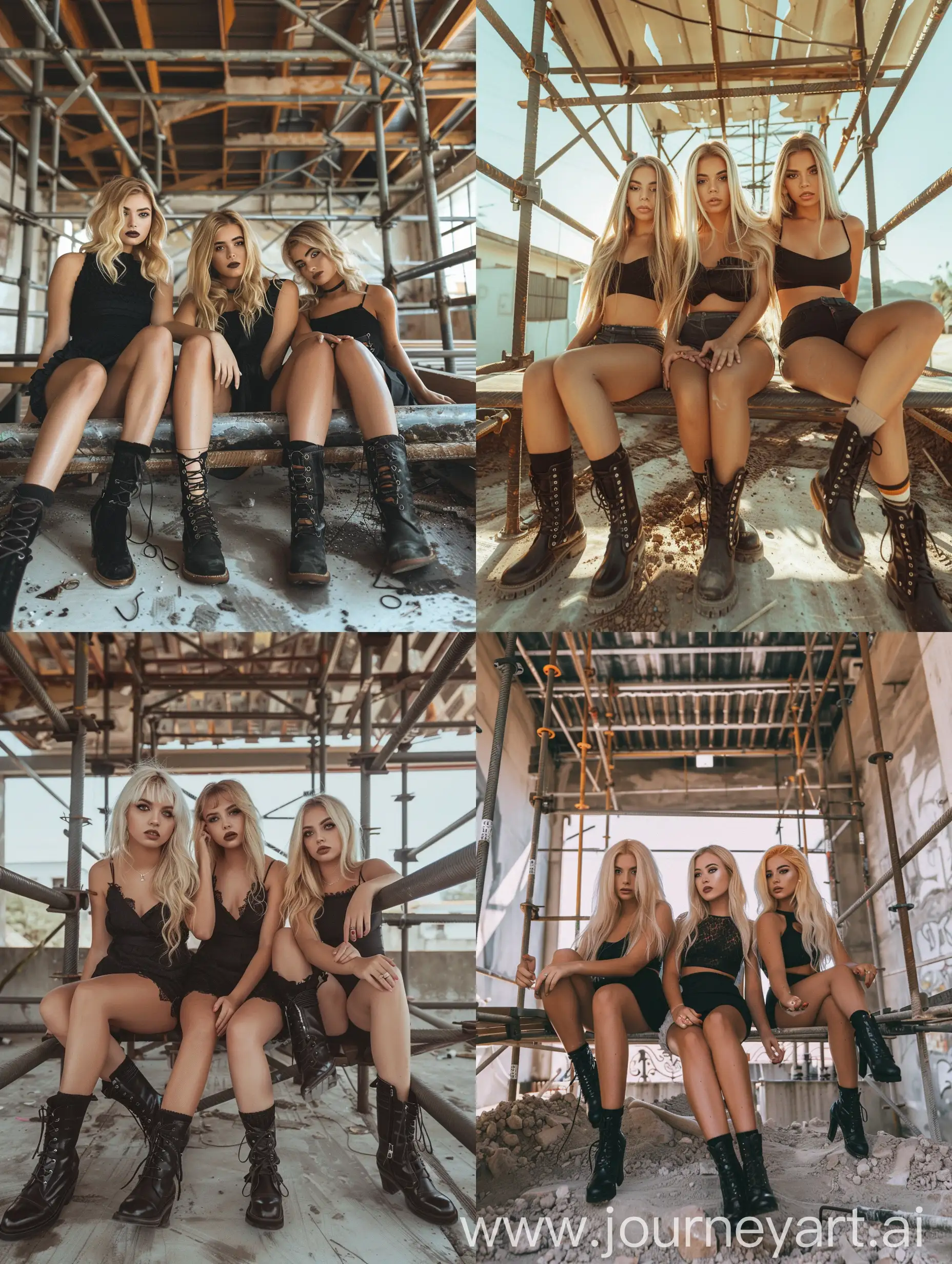 3 blondes young brazilian women, influencer, beauty, black dress, makeup,,  little fat, black boots, ,sitting, half chubby, thick legs, socks and boots, 4k, , is working on a steel scaffold under construction