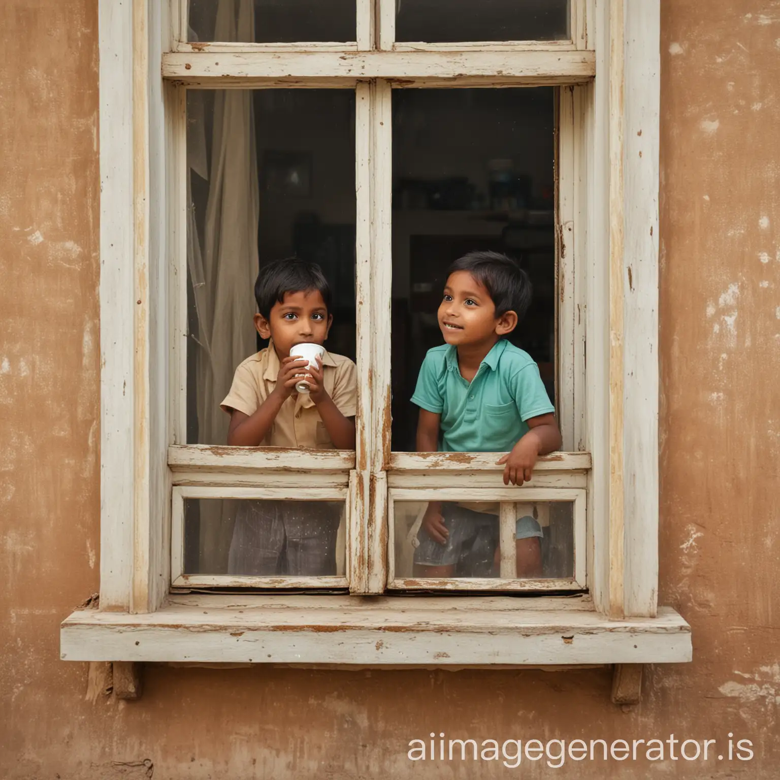 a indian children drink coffee in  house window side
