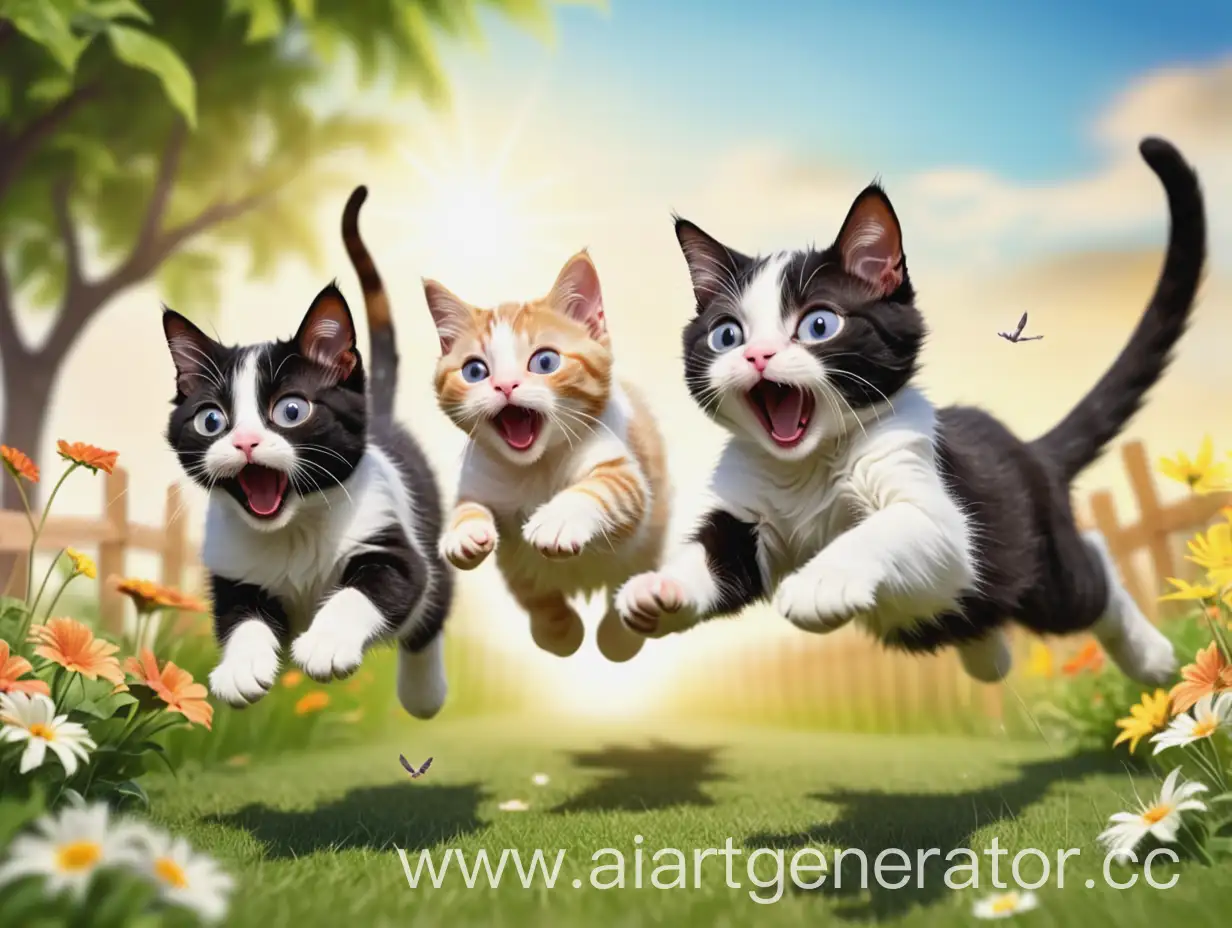 Кошки на летном фоне бегают и прыгают радостно