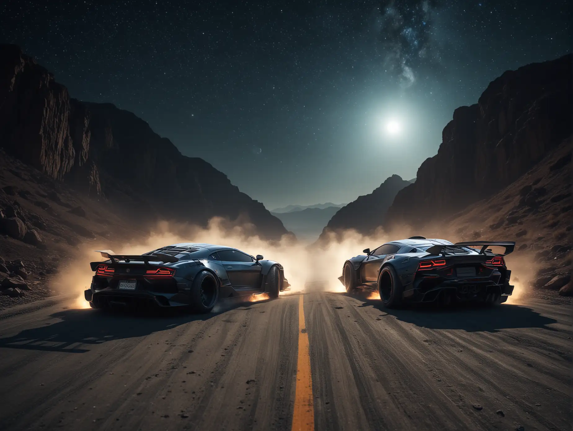 Create futuristic turning drifting cars from tiger and lion, view from rear, drifting  in biggest planet in universe I want to see planet Earth in the background, car lights  dark indigo, lightning car colour black, drifting on downhill on Greece 