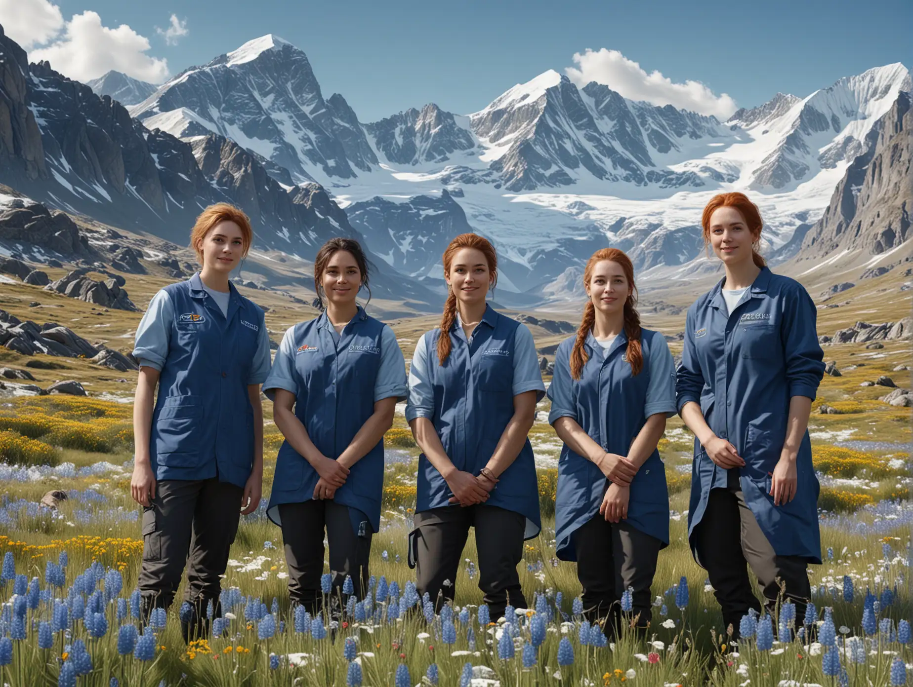 5 scientists in field research uniforms posing for a group photo, diverse genders and ethnicities, detailed faces with expressions of excitement, blue tent in the background, vast grassland with wildflowers, snow-capped mountains in the distance, bright sunny day, ultra-detailed, high-resolution, realistic, vibrant colors, clear focus, (best quality,4k,8k,highres,masterpiece:1.2), (realistic,photorealistic,photo-realistic:1.37), landscape, outdoor, adventure, exploration