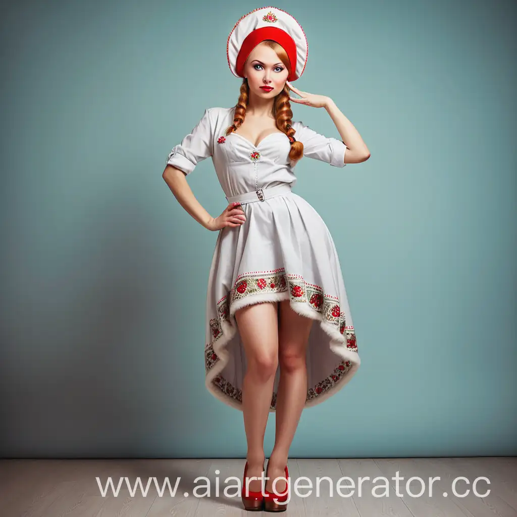 Русская девушка в кокошнике в полный рост в стиле пин-ап. Сладкония