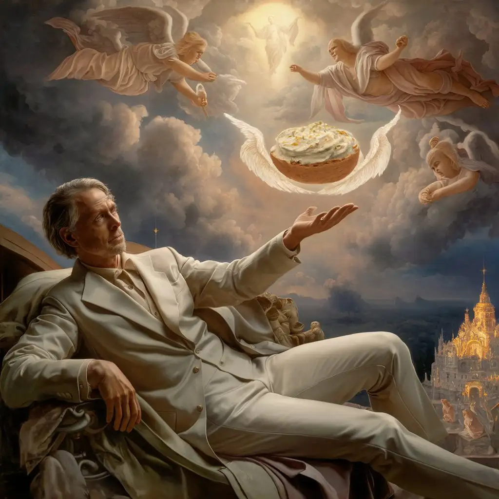 **Jeff goldbloom lounging in the famous pose with a angelic scone floating above his hand, art style of Michelangelo