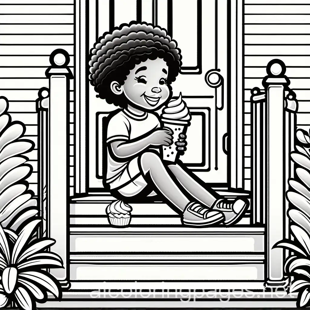 create a lined image with no shading or filled color of a little african american girl with naturally curly ponytails and and african american boy sitting on the steps of the front porch eating ice cream, Coloring Page, black and white, line art, white background, Simplicity, Ample White Space. The background of the coloring page is plain white to make it easy for young children to color within the lines. The outlines of all the subjects are easy to distinguish, making it simple for kids to color without too much difficulty