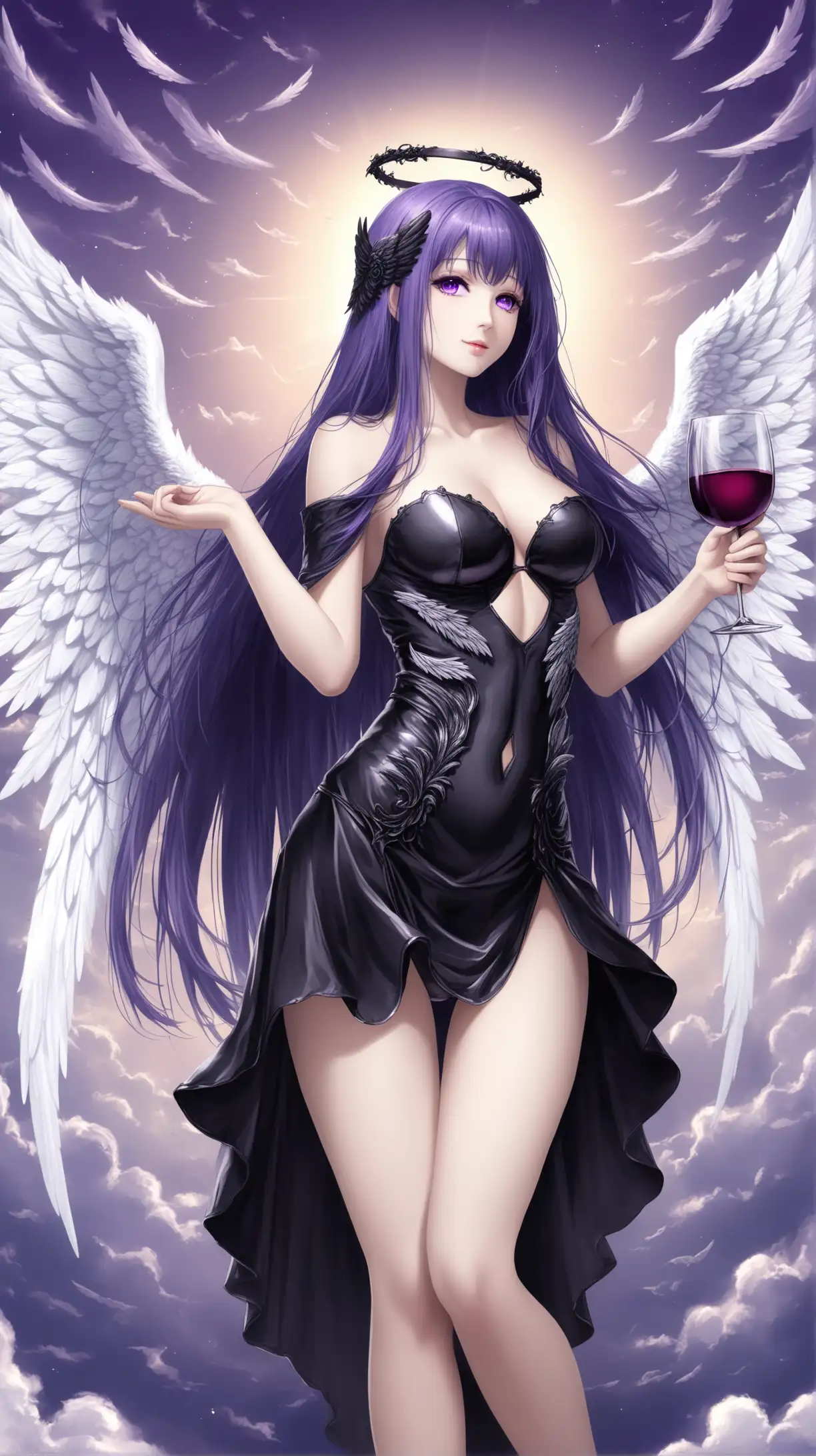 Sexy girl carry wine glass, black angel costume, white wing, purple long hair, medium short, heaven background.