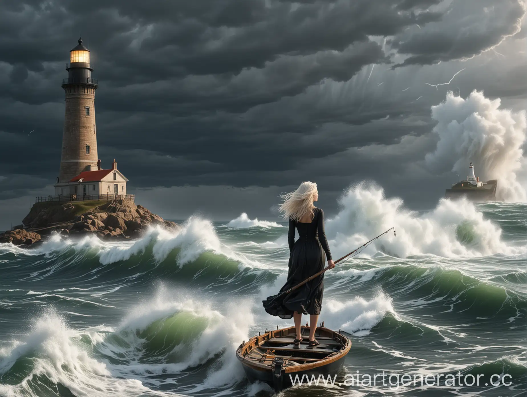 Шторм, большие волны, вдалеке видно девушку с белыми волосами, в черном платье, которая рыбачит на лодке, на фоне маяк