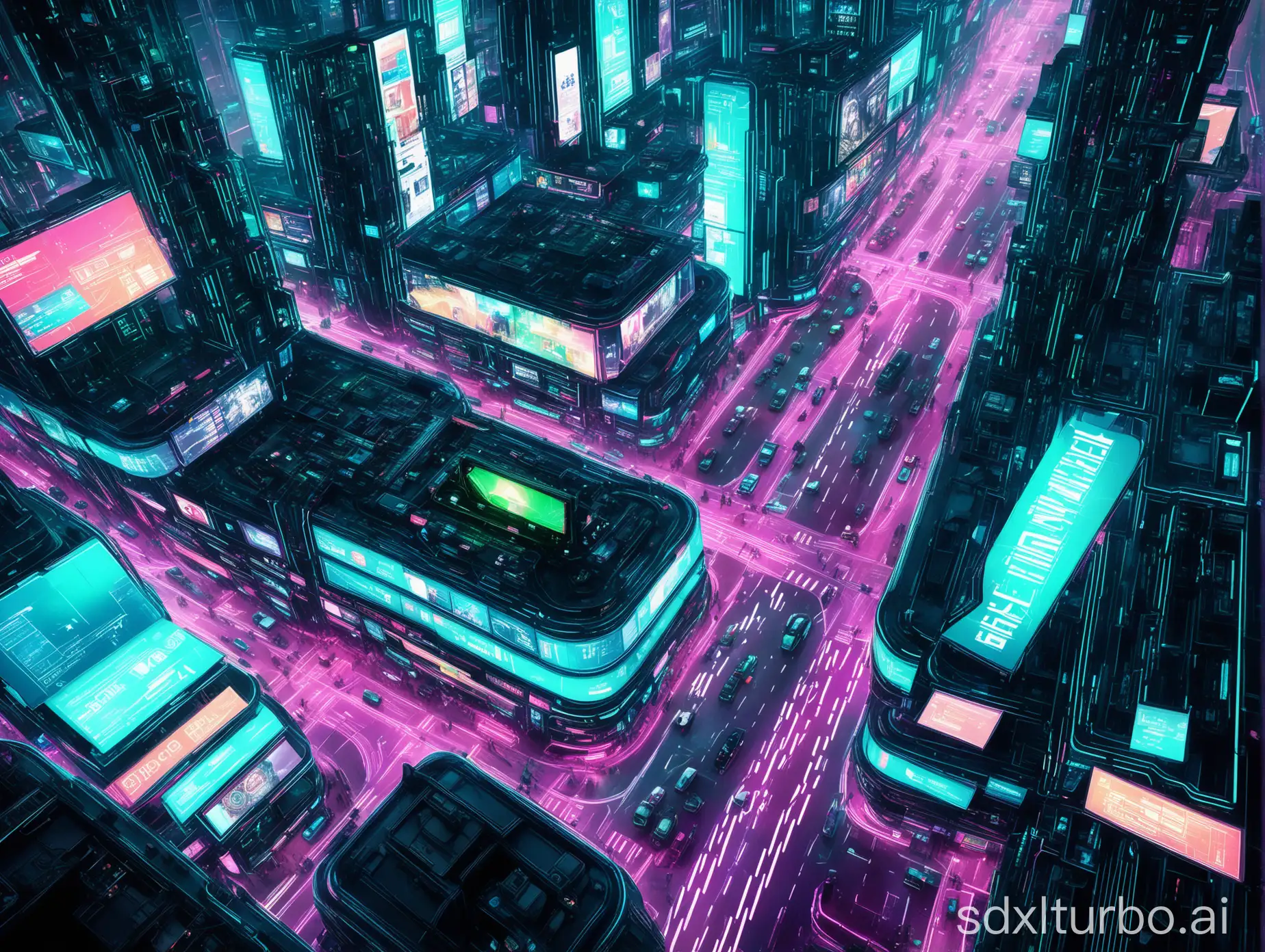 Cyberpunk style, an expansive and bustling night scene of interwoven multiple roads, with a strong sense of technology, viewed from a top-down planar perspective. The scene is predominantly in cool tones, punctuated by vibrant neon lights that provide a stark visual contrast. Billboards display advertisements for the latest technological products, and traffic lights are presented in a digital format. On the streets, futuristic vehicles flow smoothly, pedestrians move along high-tech sidewalks, flying cars zip through the lower airspace, and digital information streams interweave above the streets. The entire scene is crafted with lighting effects and intricate details to create a planar high-tech urban landscape devoid of three-dimensional buildings. 