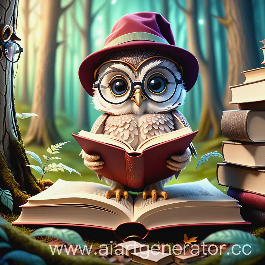 маленький совёнок академик в больших очках и шапочке читает книжки в сказочном лесу